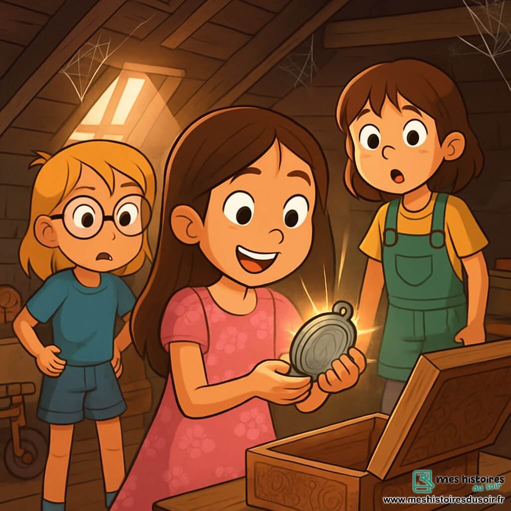 Il y a trois personnages : Léa, une fille de 10 ans avec de longs cheveux bruns, des yeux pétillants, portant une robe rose à fleurs et tenant un médaillon en argent avec un grand sourire ; Camille, également âgée de 10 ans, avec des cheveux blonds et des lunettes rondes, vêtue d'un t-shirt bleu et d'un short en jean, regardant le médaillon avec curiosité ; et Mia, une fille de 10 ans avec des cheveux châtains et une frange, portant une salopette verte et un t-shirt jaune, se tenant légèrement en retrait avec des yeux écarquillés. Les trois filles se trouvent dans un grenier poussiéreux rempli de vieux objets, où des rayons de lumière filtrent à travers une fenêtre, illuminant une vieille boîte en bois. Elles découvrent le médaillon magique, leurs visages illuminés par la curiosité et l'excitation, entourées de vieux jouets et de livres anciens, créant une atmosphère enchantée.