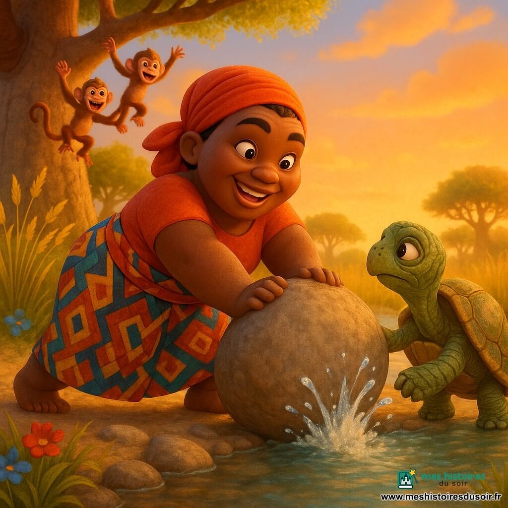 Awa, femme souriante et déterminée à la peau bronze et au pagne coloré, pousse une grosse pierre au bord d’une source pendant qu’une tortue âgée la regarde et que de jeunes singes rieurs dans un baobab l’encouragent ; la pierre laisse bientôt couler l’eau en éclaboussant, entourée d’herbes dorées, de fleurs rouges et bleues et d’un grand baobab à gauche sous un ciel orangé de coucher de soleil, ambiance chaleureuse et pleine d’espoir, couleurs saturées, textures douces et éclairage doré adaptés aux enfants.