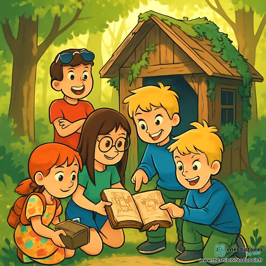 Quatre enfants explorent une clairière dans la Forêt des Cerfs. Léa, 10 ans, avec de longs cheveux bruns et des lunettes rondes, examine un vieux carnet trouvé dans une cabane. Thomas, 10 ans, aux cheveux blonds en bataille, pointe un dessin dans le carnet. Zoé, 9 ans, avec des cheveux roux en tresses, regarde une boîte en métal rouillée. Hugo, 10 ans, avec des cheveux châtains et des lunettes de soleil, observe la scène, les bras croisés. La cabane en bois ancien, entourée d'arbres majestueux et de lumière dorée, est le cadre de leur découverte d'un carnet mystérieux, suscitant leur imagination d'aventures et de trésors cachés.