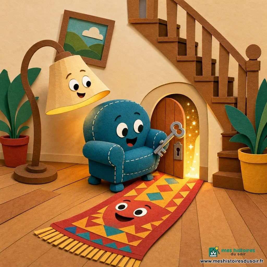 Frodo, petit fauteuil anthropomorphe en velours bleu turquoise aux coutures blanches et coussins rebondis, tient une clé argentée devant une petite porte secrète ouverte au bas d’un escalier étroit ; un tapis long coloré à motifs géométriques rouges et jaunes déroule un chemin protecteur ; une lampe sur pied à abat‑jour crème éclaire la serrure d’une lumière orangée ; salon ensoleillé style papier découpé avec plancher clair, mur crème et plantes stylisées ; ambiance joyeuse et sûre, lumière dorée et poussière d’étoiles s’échappant de la porte, composition centrée et couleurs vives.