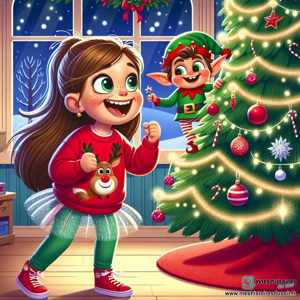 Une petite fille de 6 ans, Léa, rit aux éclats en découvrant une farce dans son sapin de Noël. Elle porte un pull rouge avec un motif de renne et une jupe en tulle pailleté, accroupie devant le sapin, les mains sur les hanches. À côté d'elle, Léo, le Lutin Farceur, est un petit être espiègle avec une peau verdâtre et un bonnet rouge, perché sur une branche du sapin, riant et montrant une décoration amusante. La scène se déroule dans une maison chaleureuse décorée pour Noël, avec un sapin majestueux illuminé et des flocons de neige tombant doucement à l'extérieur. Léa découvre des surprises cachées dans le sapin, tandis que Léo l'encourage, créant une atmosphère joyeuse et festive.