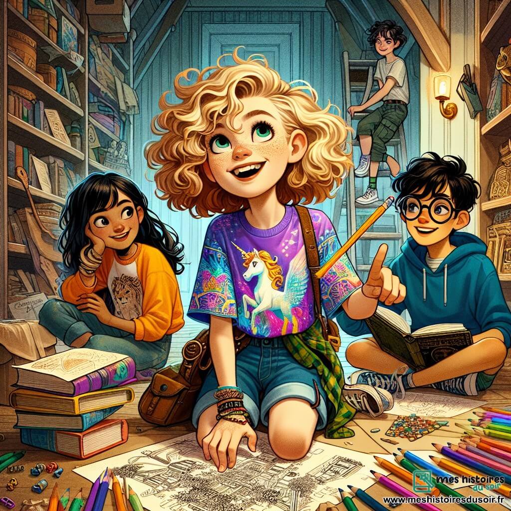 Au centre de l'image, Zoé, 12 ans, cheveux bouclés et dorés, sourit avec excitation. Elle porte un t-shirt coloré avec des licornes et un short en jean, tenant une carte au trésor dessinée par elle. À sa droite, Lucas, 12 ans, lunettes rondes et cheveux bruns en bataille, feuillette un livre de science-fiction, l'air rêveur, vêtu d'un sweat bleu et de pantalons cargo. À gauche, Emma, 12 ans, cheveux lisses et noirs, est assise par terre, entourée de crayons et de papiers, dessinant des costumes pour leur pièce de théâtre. Le grenier est mystérieux, rempli de vieux jouets et de boîtes poussiéreuses, avec une lumière tamisée créant une atmosphère magique. Zoé et ses amis préparent leur chasse au trésor, entourés d'objets étranges et de rires, prêts pour une aventure créative et amusante.