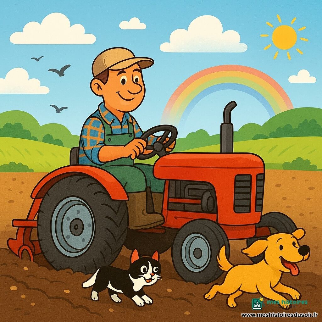 Un homme agriculteur, Pierre, conduit son tracteur rouge avec une expression joyeuse. Il porte une vieille casquette, des bottes boueuses et une chemise à carreaux. À ses côtés, un golden retriever court en aboyant, tandis qu'un chat noir et blanc se faufile entre les roues. La scène se déroule dans un champ de terre brune, avec des collines verdoyantes à l'horizon et des nuages blancs dans un ciel bleu clair. Pierre laboure le champ, créant des sillons, tandis que des oiseaux volent autour de lui. L'atmosphère est paisible et joyeuse, illustrant le travail acharné et l'amour de la nature.