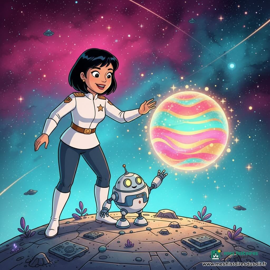 La protagoniste, la Capitaine Lila — visage rond, cheveux noirs aux épaules, grands yeux curieux et sourire confiant — est émerveillée, main tendue vers une grande boule de lumière multicolore flottante aux stries rose, turquoise et or émettant particules en forme d’étoiles; à sa hauteur de genou se tient Pipo, petit robot rond blanc et bleu aux yeux-lampes jaunes, un bras levé comme pour la protéger. Ils sont sur un sol rocheux d’astéroïde granuleux avec motifs métalliques et quelques plantes luminescentes violettes, devant un vaste ciel spatial: nébuleuse magenta et cyan, étoiles scintillantes et vaisseaux lointains; l’éclairage principal vient de la boule, créant des lueurs chaudes or et rose, ombres douces et contours nets dans un style dessin animé des années 90, plan moyen centré avec légère contre-plongée.