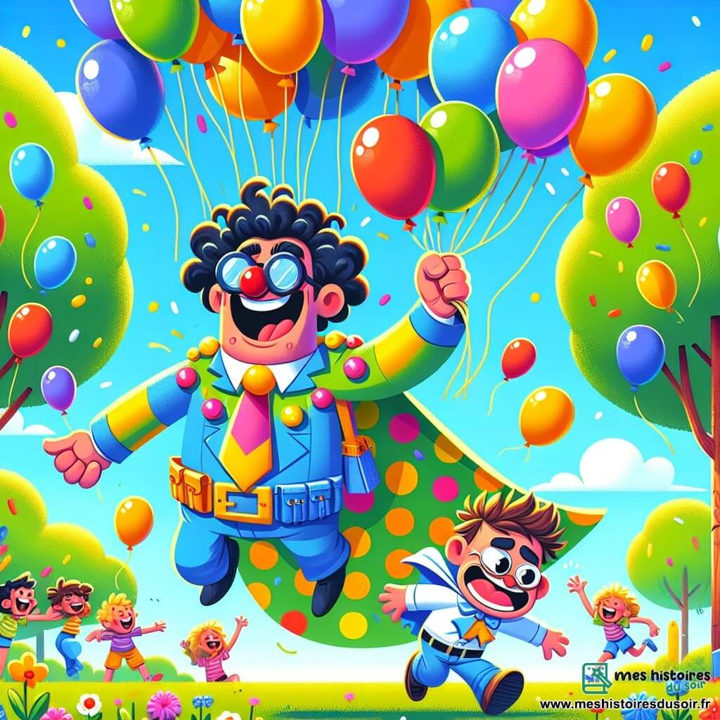 Monsieur Pompom, un homme joyeux avec un grand sourire et une cape colorée à motifs de ballons, rit aux éclats entouré de ballons multicolores. À ses côtés, Maladroit Max, un homme d'une trentaine d'années avec des cheveux en désordre, porte un costume de super-vilain trop grand et court après des ballons qui s'envolent. La scène se déroule dans un parc ensoleillé avec des enfants jouant autour d'eux. Max, entouré de ballons, s'élève dans les airs en essayant de les attraper, tandis que Monsieur Pompom rit, prêt à l'aider en éclatant les ballons.