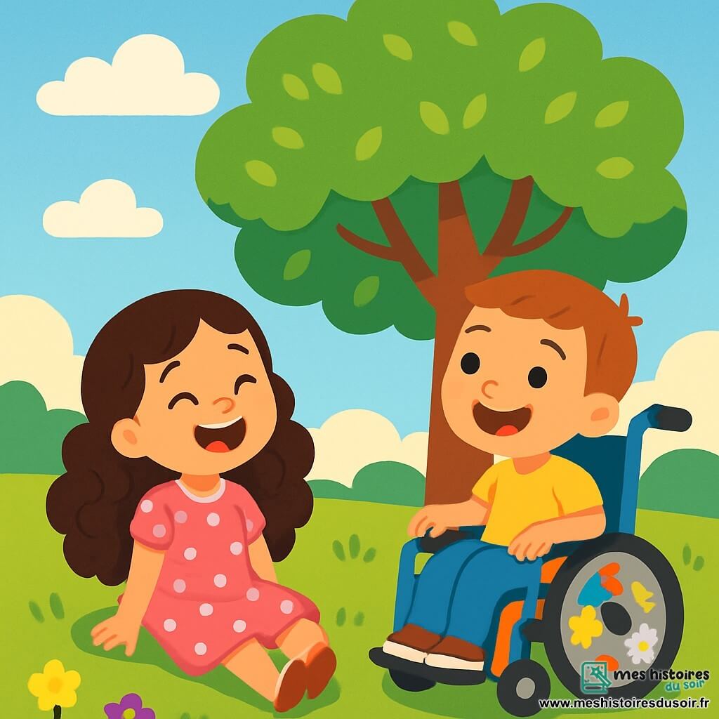 Nina, une fille de 6 ans aux longs cheveux bouclés et aux yeux pétillants, porte une robe rose à pois blancs et est assise sur l'herbe en riant. Léo, un garçon de 7 ans avec des cheveux courts et un grand sourire, est dans son fauteuil roulant décoré de stickers colorés et regarde Nina avec curiosité. Ils se trouvent sous un grand arbre aux feuilles vertes dans un parc ensoleillé, avec une herbe verte parsemée de fleurs jaunes et violettes. Le ciel est bleu avec des nuages blancs. Ils échangent des rires et des questions, écoutant le vent qui fait danser les feuilles.