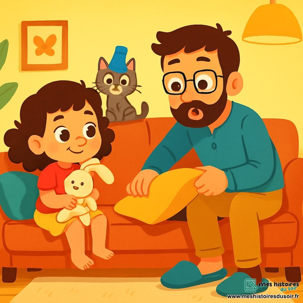 Une petite fille de 4 ans, aux grands yeux pétillants et cheveux bouclés, est assise sur un canapé moelleux, souriante et tenant son doudou Lapinou. À côté d'elle, son papa, un homme d'une trentaine d'années avec une barbe douce et des lunettes, cherche ses chaussons sous le coussin, surpris et amusé. Le salon est chaleureux, avec des murs jaune pastel, des coussins colorés et un tapis doux. La lumière douce crée une ambiance joyeuse. La petite fille cache les chaussons de son papa sous le coussin en riant silencieusement, tandis que le chat Minette, une chatte tigrée avec une chaussette sur la tête, ajoute une touche comique à la scène.