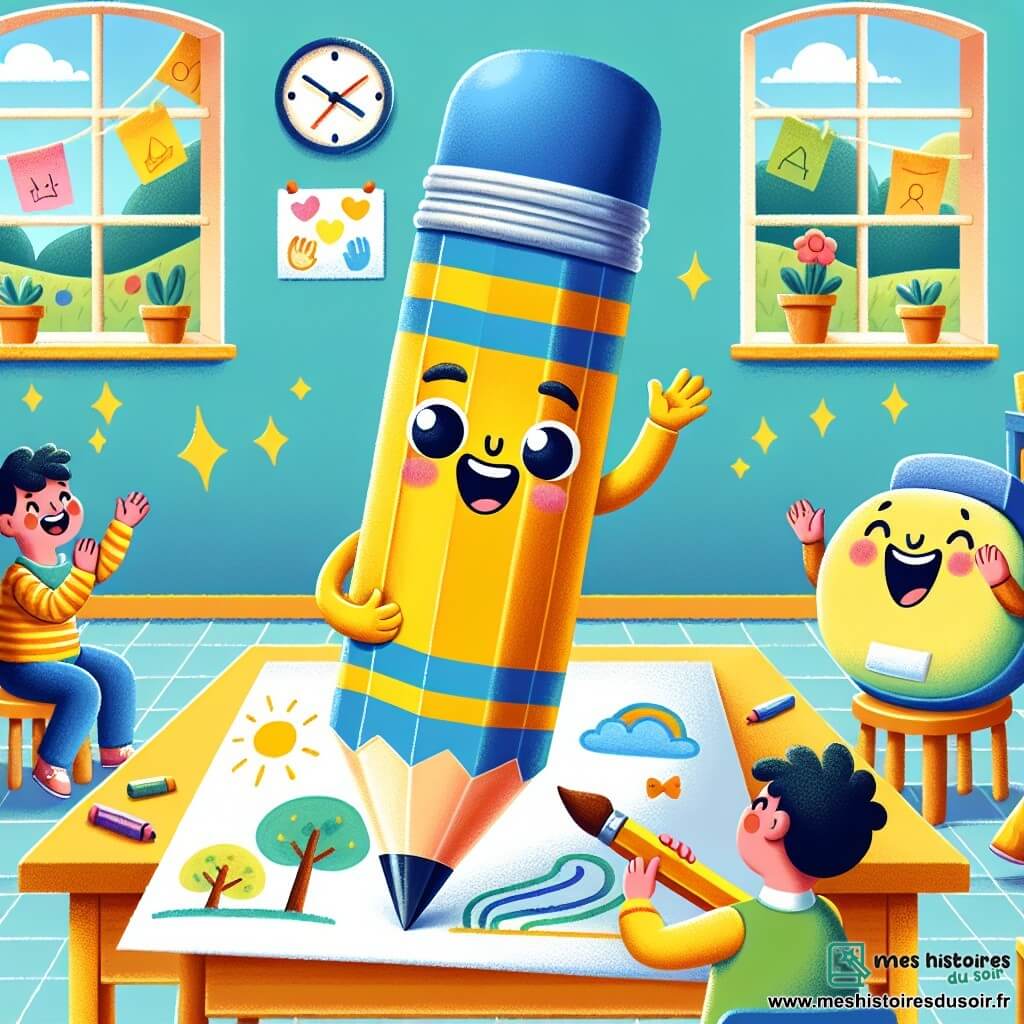 Au centre de l'image, Crayonou, un crayon coloré avec des rayures bleues et jaunes, dessine un paysage joyeux sur une grande feuille de papier, affichant un grand sourire de fierté. À côté, Gummy, une gomme douce et ronde, applaudit avec enthousiasme, pleine d'énergie. En arrière-plan, la salle de classe est lumineuse, avec des murs colorés et des dessins d'enfants. Crayonou est entouré de camarades qui l'applaudissent, créant une atmosphère de camaraderie et d'encouragement.