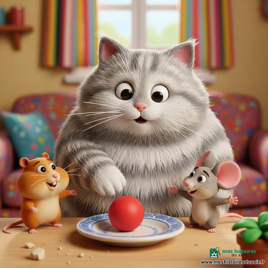 Un chat rond et pelucheux gris clair à rayures blanches, yeux grands et brillants, semble surpris et joyeux en regardant une petite balle rouge posée dans son assiette en porcelaine bleue, patte levée; le hamster Titi, brun clair aux joues dodues, pointe la balle du regard debout sur la table; la souris Lola, grise aux grandes oreilles roses, est accroupie près de l'assiette, bras tendus et malicieuse; scène dans une cuisine chaleureuse avec table en bois clair, canapé, rideau coloré, quelques miettes et une plante; ambiance joyeuse, couleurs vives et formes douces.
