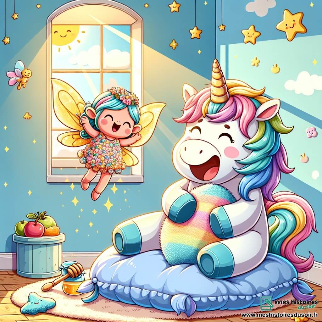 Pompom, une licorne pastel avec une crinière arc-en-ciel, est assis sur un coussin près d'une fenêtre. Bien qu'il soit légèrement fatigué, il sourit en tenant son doudou. À ses côtés, Mimi, une petite fée aux ailes dorées, vole joyeusement en portant une robe en pétales de fleurs. Ils se trouvent dans une chambre chaleureuse aux murs bleu ciel et aux étoiles dorées au plafond, illuminée par un rayon de soleil. Pompom rit aux éclats d'une blague de Mimi, malgré un petit mal de ventre. Une petite table à côté d'eux est garnie de fruits et d'un pot de miel, ajoutant une touche de douceur à cette scène joyeuse.