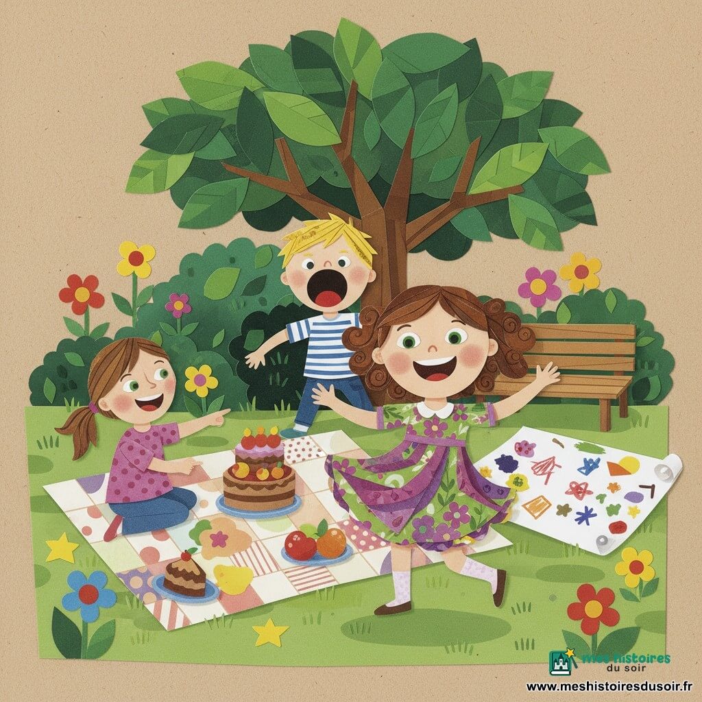 Fête de fin d'école dans le jardin : une fillette de 6 ans aux cheveux bruns bouclés aux épaules, yeux verts et grand sourire tournoie en robe violette à fleurs, un garçon de 6 ans (Hugo) aux cheveux blonds en bataille la taquine en faisant un faux rugissement derrière elle, et une fillette de 5–6 ans (Clara) aux cheveux châtains en queue-de-cheval rit et pointe un gâteau en carton sur une grande nappe en patchwork ; autour, un grand arbre et fleurs stylisées en papier, un banc et une couverture à motifs, couleurs vives et pièces de papier superposées créant texture et ambiance joyeuse de pique-nique et jeux.
