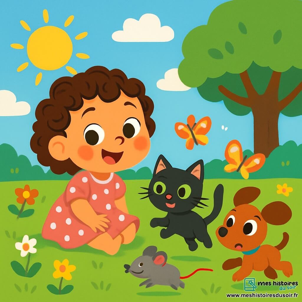 Une petite fille de 2 ans, aux grands yeux pétillants et cheveux bouclés, est assise dans un jardin ensoleillé, vêtue d'une robe rose à pois blancs, souriant joyeusement. À ses côtés, un chat noir nommé Max bondit avec enthousiasme, tandis qu'une petite souris grise, Zoé, court rapidement. Un chien marron aux grandes oreilles, Tom, observe un papillon coloré avec curiosité. Le jardin est rempli de fleurs éclatantes et de papillons, avec un grand arbre au fond et un ciel bleu parsemé de nuages blancs. La petite fille et ses amis s'amusent à faire une course, riant et s'encourageant, créant une atmosphère joyeuse.
