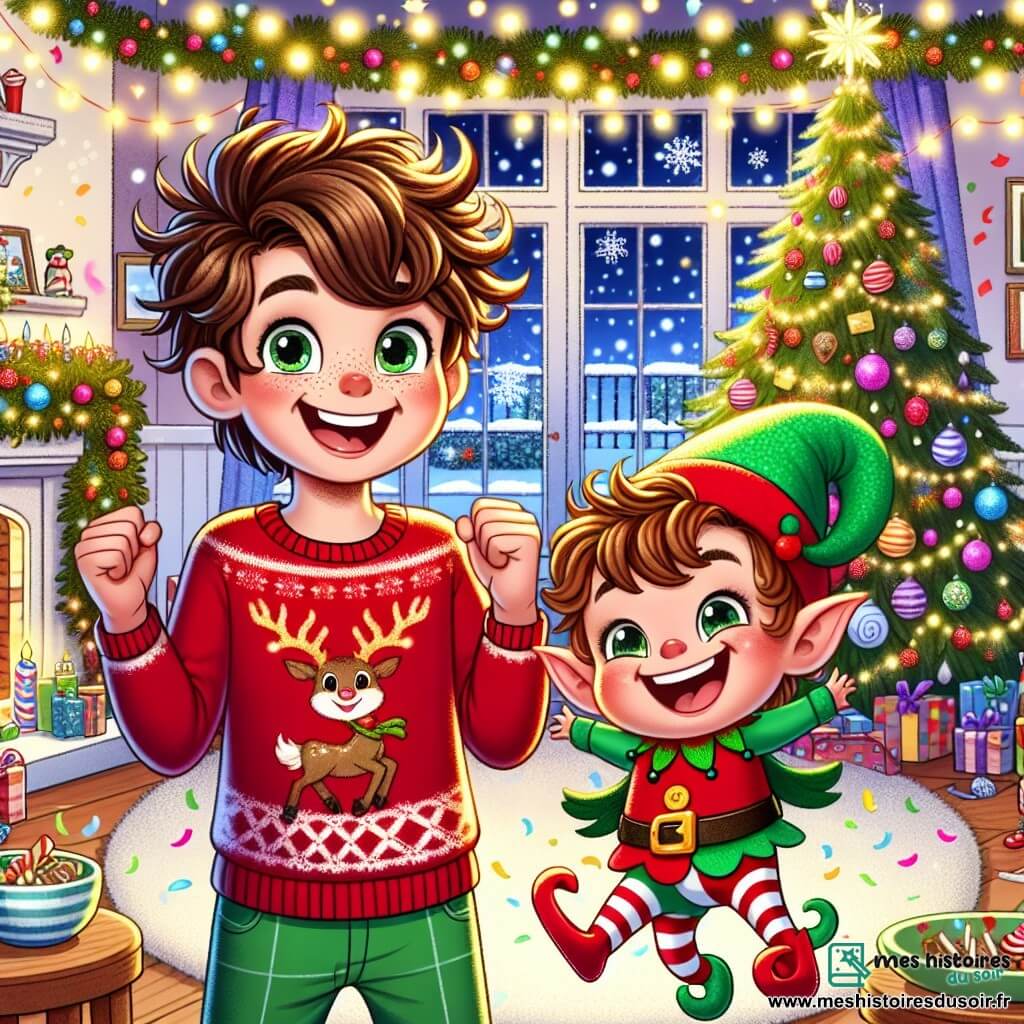 Un garçon de 10 ans, Hugo, aux cheveux châtains en bataille et aux yeux malicieux, sourit dans son salon. Il porte un pull rouge avec un renne et des chaussettes vertes à rayures. À ses côtés, un lutin farceur nommé Flibuste, avec un bonnet vert et un visage espiègle, saute de joie. Le salon est décoré de guirlandes scintillantes et d'un sapin de Noël majestueux. Des flocons de neige tombent à l'extérieur, ajoutant à l'ambiance féerique. Hugo et Flibuste rient ensemble, entourés de confettis et de surprises de Noël, tandis que des messages amusants sont cachés sous les assiettes. La scène est joyeuse et magique, pleine de rires et de complicité.