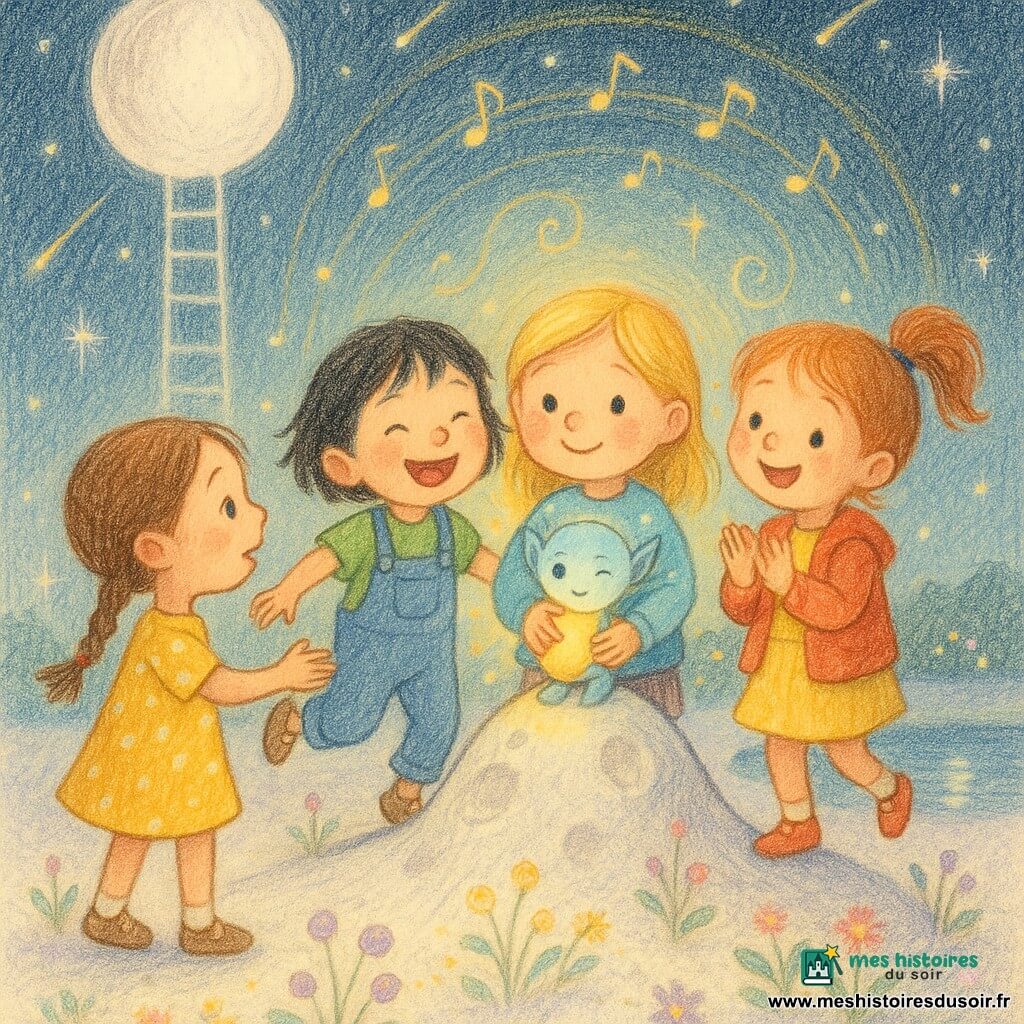 Cinq personnages sur un petit sommet lunaire : quatre filles de 5 ans — Lila à gauche, nattes brunes, robe jaune à pois, tend la main vers une petite créature ; Nina à côté, cheveux courts noirs, t-shirt vert et salopette, rit sur la pointe des pieds ; Mina au centre, cheveux blonds lâchés, pull bleu clair, tient une pierre lumineuse contre sa poitrine avec Piko, une minuscule créature extraterrestre bleu pâle aux yeux ronds et oreilles pointues, posée sur sa main et faisant un clin d'œil ; Zoé à droite, rousse en queue de cheval, veste rouge, applaudit en bondissant. Le sol est blanc nacré texturé, herbes et fleurs lumineuses, un lac miroir argenté au fond, une grande lune proche et un ciel étoilé ; une échelle de rayon argenté descend d'un cercle de lumière au sol. Les quatre filles sont dans un cercle de lumière dorée, chantent ensemble, gestes ronds et joyeux, fils de lumière et notes musicales montent vers la lune, pierres qui scintillent ; style crayons de couleur, traits doux, palette pastel lumineuse, textures visibles, atmosphère chaleureuse et émerveillée.