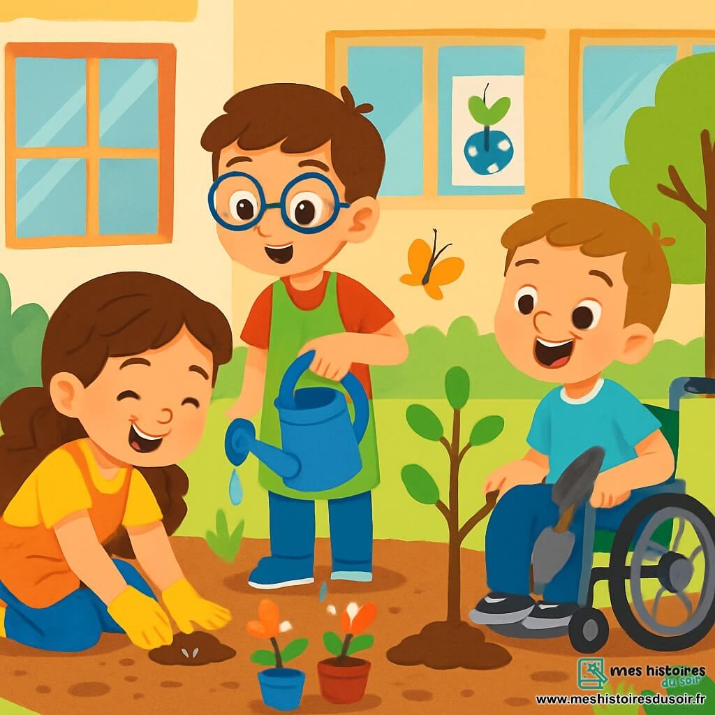 Il y a trois personnages : Emma, une fille de 8 ans aux boucles brunes, souriante, accroupie en train de planter des graines de fleurs ; Léo, un garçon de 9 ans avec des lunettes rondes, debout à côté d'elle avec un arrosoir coloré ; et Jules, un garçon de 8 ans en fauteuil roulant, souriant et tenant une petite pelle, observant fièrement les arbres qu'il a plantés. L'action se déroule dans la cour de l'école, remplie de terre fraîche et de pots de fleurs colorés, sous le soleil, avec des jeunes arbres, de la verdure et des papillons. Les trois amis travaillent ensemble pour créer un jardin écologique, s'entraidant et illustrant leur engagement à protéger la planète avec joie.