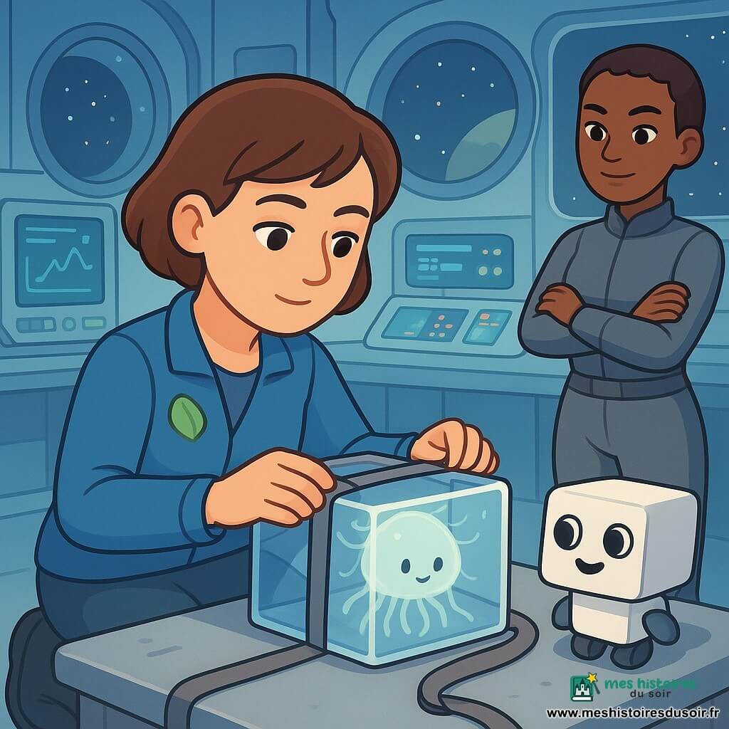 Lila, femme aux cheveux châtain courts, agenouillée devant une boîte transparente, vérifie et retend méthodiquement une sangle tandis que Pixel, petit robot-cube blanc aux yeux ronds, roule près de sa main droite en affichant fierté; derrière la table, la capitaine Sola, cheveux très courts, bras croisés, observe avec assurance; Flocon, créature gélatineuse translucide aux filaments lumineux, pulse doucement à l'intérieur de la boîte; décor : laboratoire de vaisseau spatial avec table métallique, instruments à écrans lumineux, panneaux bleus et hublots montrant un port spatial, éclairage doux et couleurs pastel; ambiance calme et tendue de soin et précision, composition centrée sur les mains de Lila et la boîte, style illustration vectorielle aux formes simples et couleurs apaisantes, adapté à un livre jeunesse.