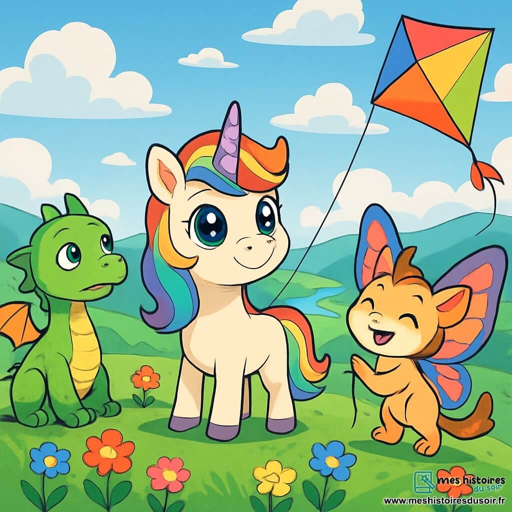 Au centre de l'image, Lila, une petite licorne à crinière arc-en-ciel et yeux brillants, regarde avec curiosité depuis une colline verdoyante entourée de fleurs. À sa droite, Zoé, une chimère aux ailes multicolores, sourit en tenant un cerf-volant géant. À gauche, Félix, un jeune dragon aux écailles vertes, observe le ciel avec émerveillement. En arrière-plan, un paysage enchanteur de collines et d'une rivière scintillante sous un ciel bleu et nuageux se dessine. La scène évoque camaraderie et aventure, symbolisant l'entraide et la joie de vivre ensemble.