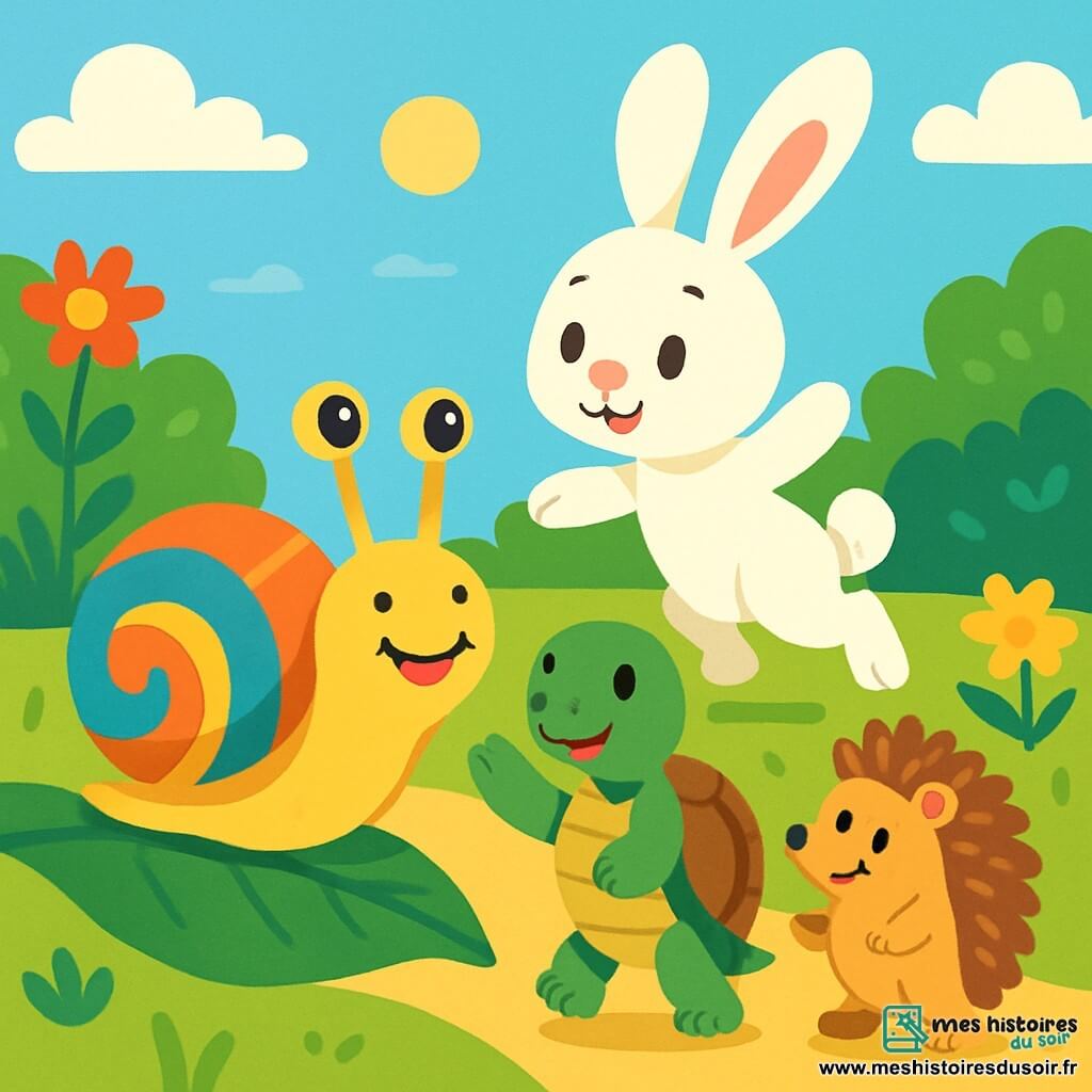 Un escargot souriant nommé Titi, avec une coquille colorée, avance sur une feuille verte, ses yeux pétillants de joie. À côté, un lapin aux grandes oreilles bondit avec enthousiasme, tandis qu'une tortue l'encourage en agitant ses pattes. Un hérisson aux piquants dorés sourit en arrière, prêt à applaudir. La scène se déroule dans un jardin ensoleillé, rempli de fleurs et de buissons, avec un ciel bleu clair. Titi participe à une course amusante avec ses amis, créant une atmosphère joyeuse et pleine d'énergie.