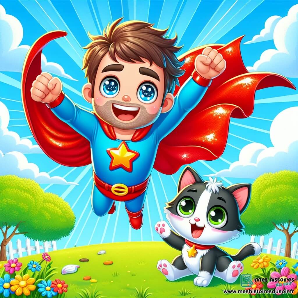 Super Bob, un homme souriant en cape rouge, saute dans les airs avec surprise. À ses côtés, Petit Chat, un chaton noir et blanc d'un an, l'observe avec curiosité. Ils se trouvent dans un parc ensoleillé, entourés d'arbres et de fleurs. Super Bob essaie de s'envoler, mais sa cape est accrochée à une chaussette. Il tire dessus avec détermination, tandis que Petit Chat s'apprête à l'aider, créant une scène amusante et camaraderie.