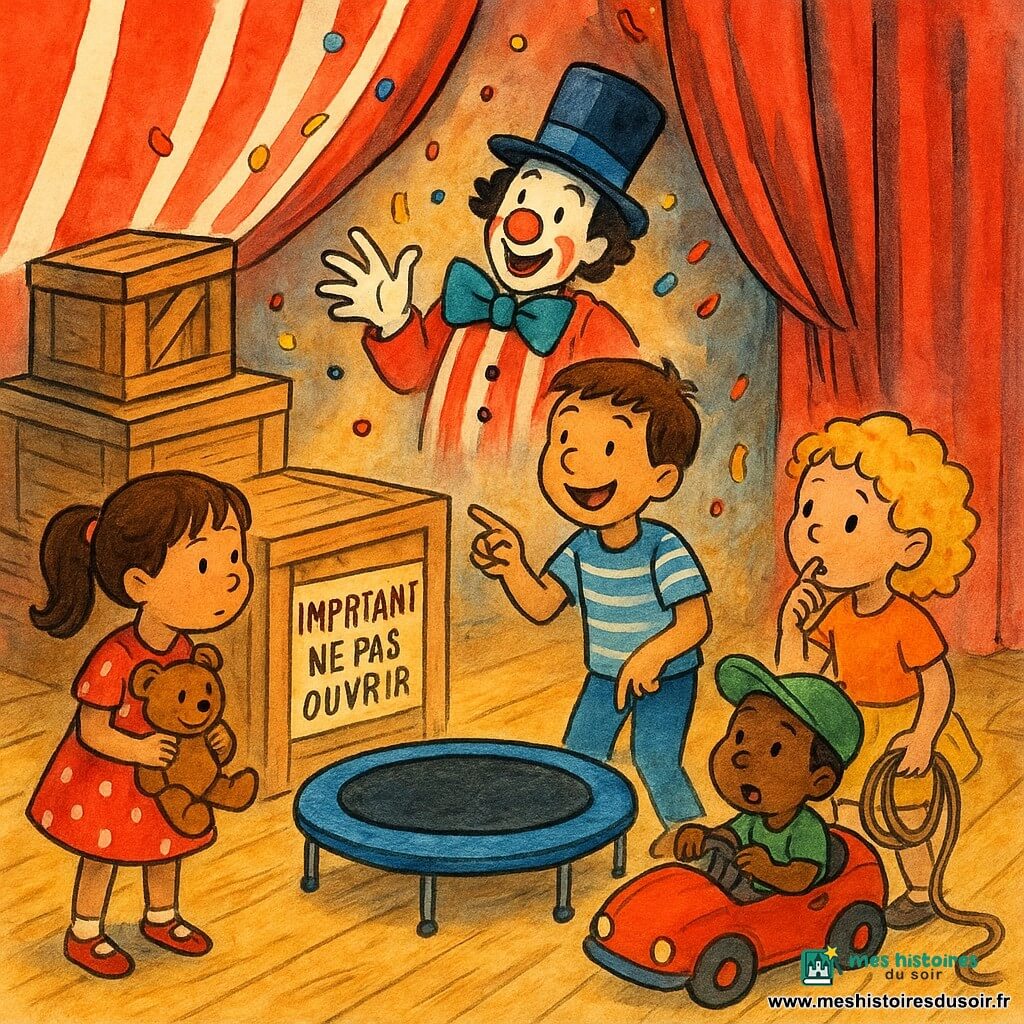 Coulisses d'un cirque sous un chapiteau rouge et blanc : cinq personnages — Mila, 7 ans, cheveux bruns en couettes, robe à pois rouges, tenant une peluche et regardant une caisse étiquetée à gauche ; Noé, 8 ans, T-shirt rayé bleu et jean, souriant et pointant le mini-trampoline au centre ; Lila, 6 ans, cheveux blonds bouclés, jupe jaune, chuchotant et touchant la corde à sauter à droite ; Sam, 7 ans, cheveux courts et casquette verte, assis dans une petite voiture aux roues rouges à l'arrière en train de faire « trrrroum » ; et Monsieur Pipo-Plouf, clown adulte au nez rouge, maquillage blanc et grand chapeau, surgissant derrière un rideau en velours rouge. Plancher en bois brillant, piles de caisses (dont une marquée « IMPORTANT : NE PAS OUVRIR »), guirlandes de confettis et lumière chaude : les objets bougent et rient — le chapeau éternue des confettis, le mini-trampoline fait « boing », la corde se tortille et le clown apparaît pour surprendre les enfants.