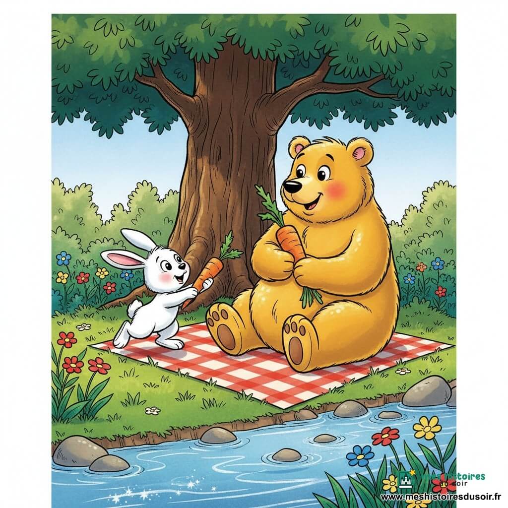 Ourse ronde au pelage doré, sourire chaleureux, assise et tenant une grosse carotte, à côté d'un petit lapin blanc nommé Bibi qui lui tend une autre carotte; ils font un pique-nique paisible au bord d'un ruisseau scintillant, sous un grand arbre, sur une couverture à carreaux, entourés d'un champ de fleurs colorées, ambiance douce, lumineuse et style bande dessinée expressif.