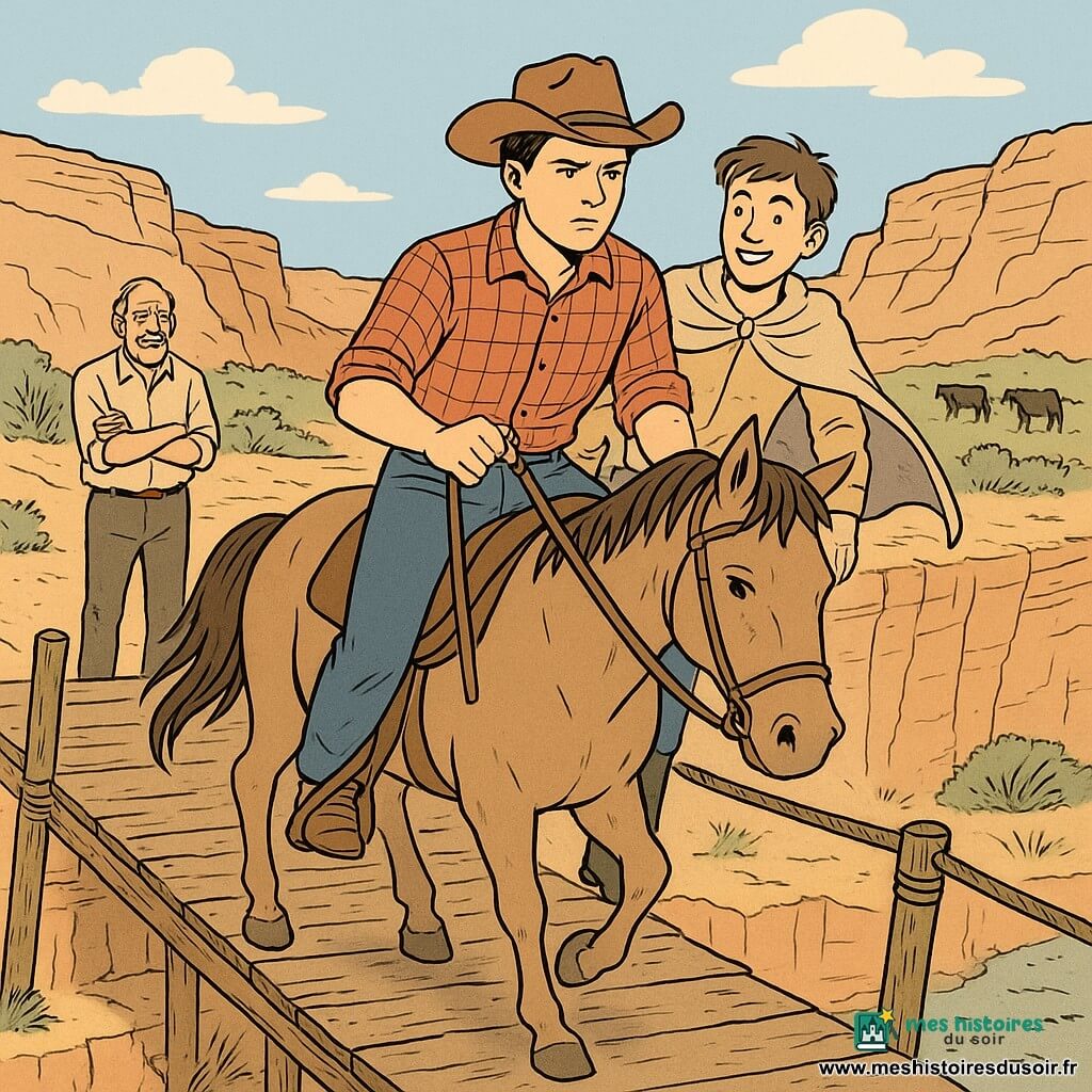 Un garçon de 17 ans en chapeau de cowboy et chemise à carreaux, visage concentré, tient les rênes de son cheval qui avance prudemment sur un vieux pont de planches branlant; juste derrière, Jesse, aussi adolescent, sourit nerveusement, cape au vent et pose une main rassurante sur l’épaule du premier, tandis qu’en rive opposée Old Tom, homme plus âgé à la moustache, surveille la scène. Le pont relie les parois rocheuses d’un canyon profond au-dessus d’une rivière asséchée, entouré d’herbes et de buissons sous un grand ciel nuageux; tension et courage marquent la traversée pour récupérer des vaches de l’autre côté.