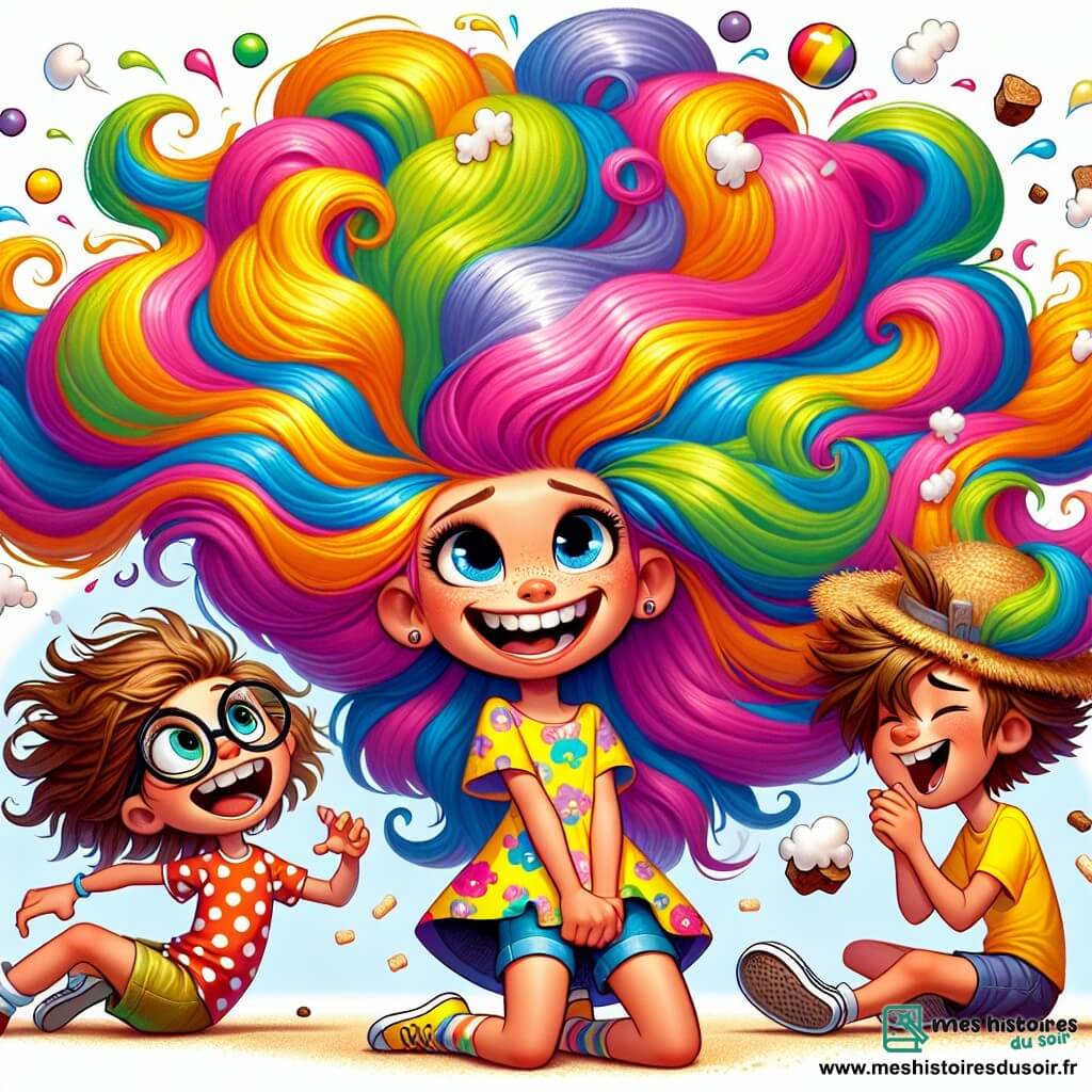 Zoé, une fille de 10 ans aux cheveux longs et multicolores en forme de nuage, sourit malicieusement au centre de l'image. Elle porte une robe faite de ses cheveux, ornée de motifs arc-en-ciel, et se prépare à attraper des tartines volantes avec ses cheveux. À côté, Tim, un garçon de 10 ans avec des lunettes rondes et des cheveux bruns en bataille, rit en tenant une tartine qui lui est tombée sur le front. Il est en t-shirt jaune et short bleu, amusé par la situation. Nora, une autre fille de 10 ans aux cheveux blonds tressés et chapeau de paille, se tient en retrait, souriante et prête à participer. La scène se déroule dans un salon coloré avec des murs bleu clair et des coussins au sol, où un grille-pain envoie des tartines dorées dans les airs, créant une ambiance joyeuse et chaotique. Zoé utilise ses cheveux pour attraper les tartines, tandis que ses amis s'amusent, ajoutant à l'atmosphère festive.