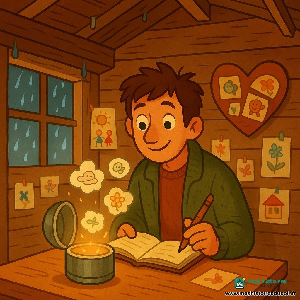Valentin, souriant et émerveillé, yeux brillants, cheveux châtains en bataille et veste en laine verte usée, tient un carnet et un crayon tordu en regardant une petite capsule temporelle métallique ouverte posée sur la table qui émet une douce lueur dorée; de petits croquis flottent autour d’elle comme des nuages. La petite cabane en bois biscornue, murs aux planches visibles et décorés de croquis colorés avec un grand cœur en carton, a une fenêtre embuée où tombent des gouttes de pluie et un toit laissant perler quelques filets d’eau; l’intérieur chaleureux aux tons ocres, vert mousse et rouge sombre contraste avec l’extérieur bleu-gris, lumière et ombres douces, style vectoriel clair aux formes simples et contours nets, composition centrée sur Valentin et la table avec un angle légèrement plongé.