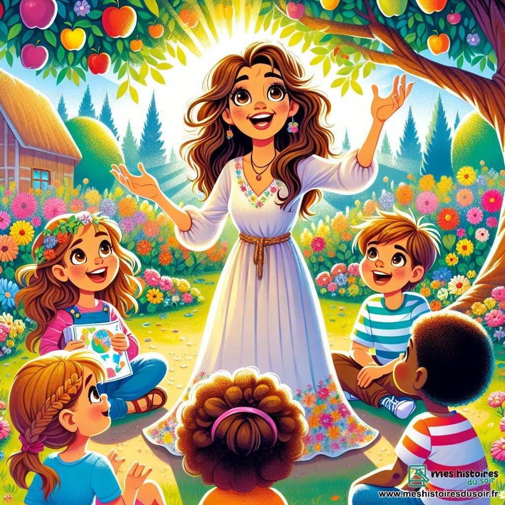 Amélie, une femme souriante aux cheveux bruns ondulés, se tient dans un jardin ensoleillé entourée d'enfants. Elle porte une robe légère colorée et explique avec passion l'importance de la paix. Léo, un garçon de 8 ans, lève la main avec un sourire, prêt à poser une question, tandis qu'Émilie, une fille aux yeux brillants, tient une carte colorée, excitée. Le jardin, rempli de fleurs multicolores et d'un pommier chargé de fruits, crée une atmosphère chaleureuse. Amélie enseigne aux enfants comment résoudre des conflits de manière créative, captivant leur attention dans une scène joyeuse de partage et d'apprentissage.