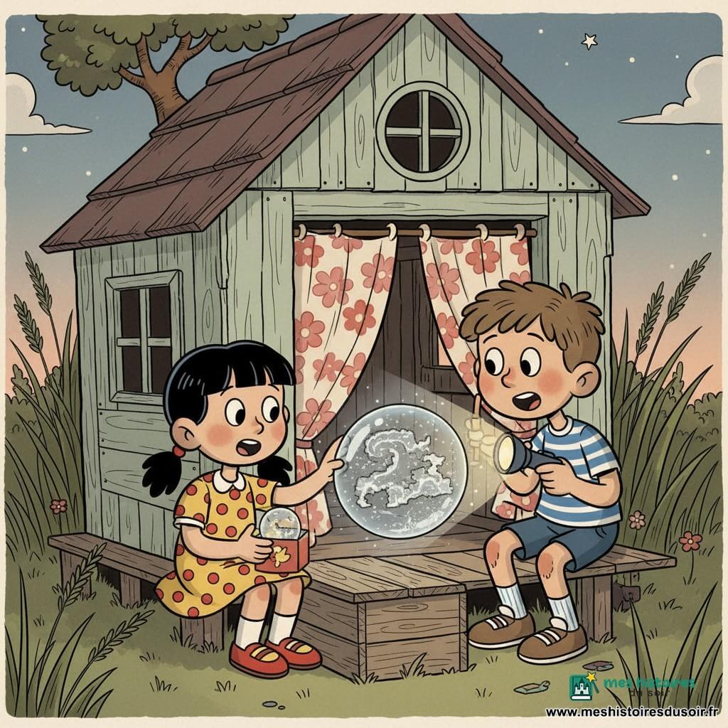 Dans une petite cabane en bois du jardin au crépuscule, deux enfants de 8 ans — Milo, garçon aux cheveux châtain courts, t-shirt rayé bleu et blanc, genoux boueux, tenant une lampe de poche sous le menton, et Inès, fille aux cheveux noirs en deux nattes, robe jaune à pois rouges, une main sur l’épaule de Milo et l’autre ouvrant une petite boîte — contemplent, émerveillés et éclairés d’une lueur argentée, une bille transparente flottante contenant une poussière scintillante qui tourbillonne et projette une mini-carte holographique ; l’atmosphère est douce, couleurs chaudes du soir, style cartoon rétro aux contours arrondis.