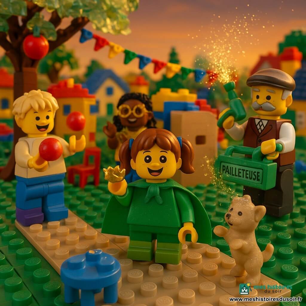 Une fille de 6 ans, cheveux bruns en couettes, cape faite d'un tapis de sol vert et bottes "ploc", porte une petite couronne de feuilles dorées et pose fièrement au centre d'un jardin-cirque reconstitué en briques ; à gauche un garçon de 7 ans aux cheveux blonds jongle avec trois pommes rouges, en arrière-plan une fille de 5 ans aux cheveux noirs tressés et lunettes en papier doré applaudit près d'une loge en carton transformée en coulisses, à droite Monsieur Fernand, ~60 ans et petite moustache grise, actionne une "Pailletteuse" verte qui envoie une pluie de paillettes scintillantes tandis que le petit chien du voisin, tout pelucheux et pailleté, danse sur ses pattes arrière devant une table bleue ; pommier aux feuilles translucides, guirlandes colorées en briques et chaises empilées complètent la scène d'un spectacle de cirque communautaire au coucher du soleil, costumes bricolés aux couleurs vives et ambiance chaleureuse et festive.