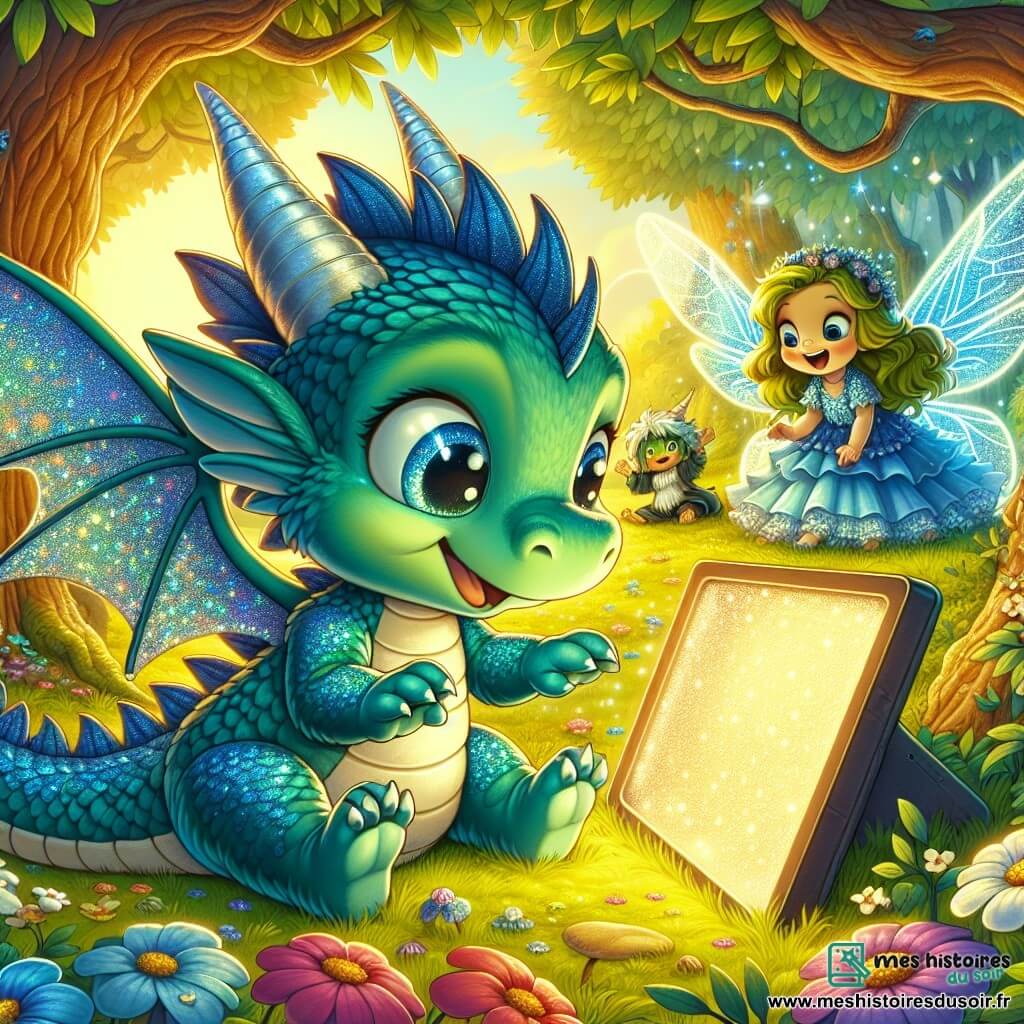 Illustration d'un petit dragon aux écailles bleu ciel et vert émeraude, avec de grandes ailes scintillantes, assis sur une branche, regardant un écran lumineux sur l'herbe. À proximité, une fée aux ailes translucides vole joyeusement, observant le dragon avec enthousiasme. Un lutin à la peau verte, caché derrière un buisson, rit et attend son tour pour jouer. La scène se déroule dans une forêt magique avec des arbres épais, des fleurs multicolores et des rayons de soleil illuminant le tout. Le dragon, captivé par l'écran, est observé par ses amis, prêts à jouer. Des lucioles, des champignons colorés et un ciel bleu clair ajoutent à l'atmosphère magique.