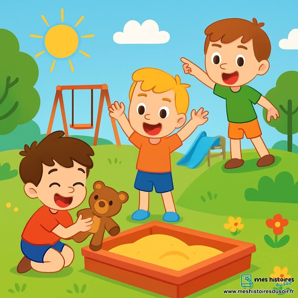 Trois enfants jouent dans un parc ensoleillé : Tom, un garçon de 6 ans avec des cheveux bruns en bataille et un t-shirt rouge, est accroupi avec son doudou, un ours marron, affichant une expression joyeuse. À côté de lui, Max, également âgé de 6 ans, avec des cheveux blonds et un short bleu, se tient debout, souriant et levant les bras comme s'il avait fait une découverte. Léo, le troisième enfant, a des cheveux châtains et porte un t-shirt vert ; il est en haut d'une petite colline, pointant vers le bac à sable avec un grand sourire. Le parc est rempli d'arbres, de fleurs et d'un bac à sable doré, avec des balançoires et un toboggan en arrière-plan. Les enfants sont en pleine recherche de doudou, créant une ambiance joyeuse et amicale, pleine de rires et d'excitation.