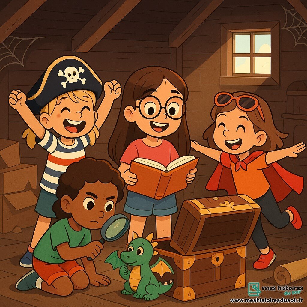 Quatre enfants sont réunis dans un grenier ancien. Léa, 9 ans, cheveux bruns et lunettes rondes, tient un livre ouvert. Lou, 8 ans, avec des cheveux blonds en couettes et un chapeau de pirate, lève les bras comme une capitaine. Ilona, 9 ans, cheveux châtains et lunettes de soleil, fait semblant de voler avec une cape de super-héros. Emma, 8 ans, cheveux courts et frisés, examine une peluche dragon avec une loupe. Le grenier, rempli de vieux objets et éclairé par une petite fenêtre, est transformé en un monde fantastique où elles se déguisent et imaginent des aventures de chasse au trésor.