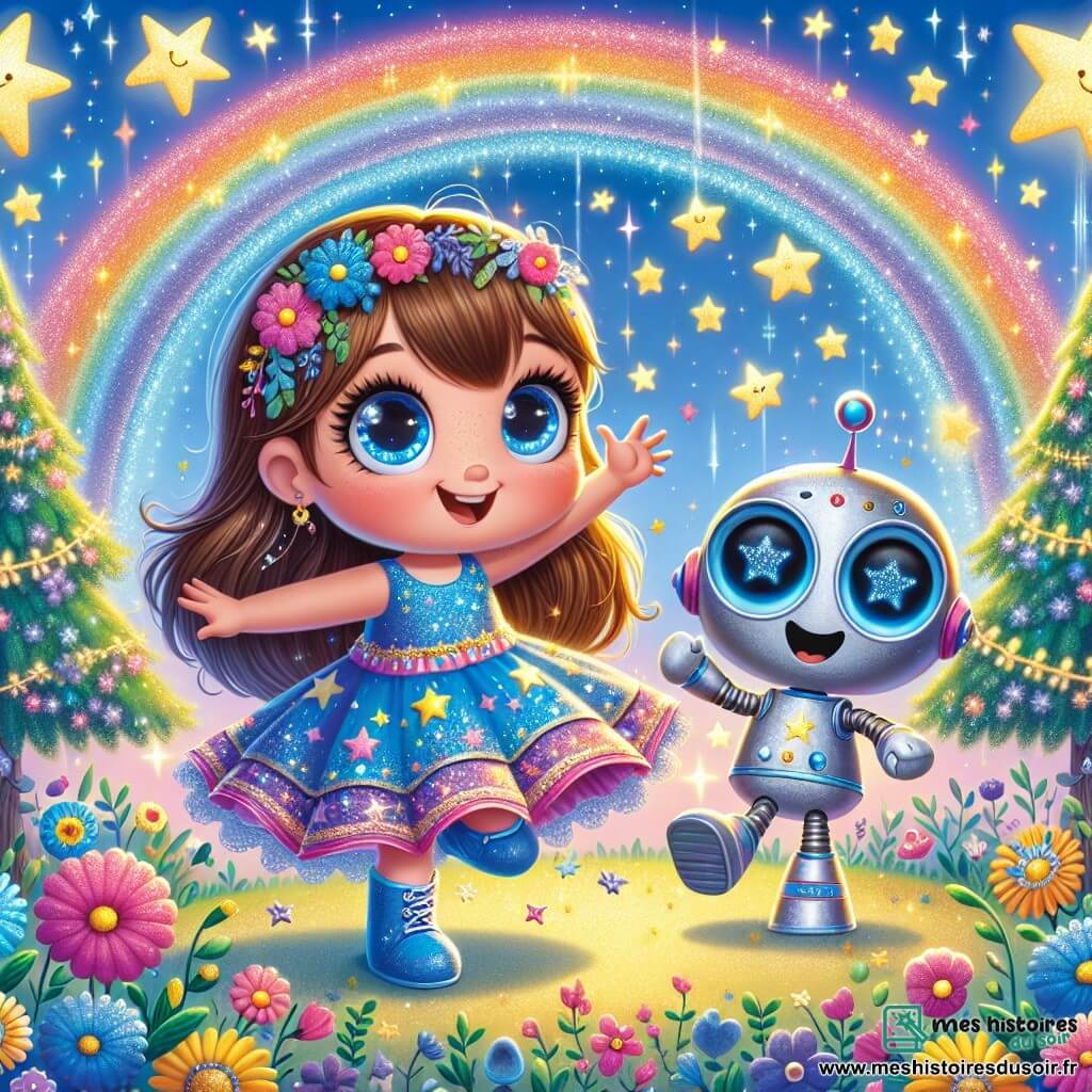 Luna, une petite fille de 6 ans aux longs cheveux bruns et aux yeux curieux, danse joyeusement au centre de la scène dans une robe colorée ornée d'étoiles et de planètes. À ses côtés, Zippy, un robot amical en métal argenté avec des yeux lumineux, danse aussi et encourage Luna. Le décor magique comprend des arbres scintillants, des fleurs chantantes et des arcs-en-ciel dans le ciel bleu, créant une ambiance festive où ils célèbrent la récupération des couleurs du royaume.