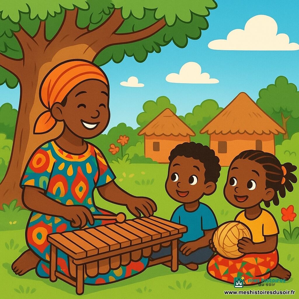 Aïssata, une femme d'une trentaine d'années souriante, est assise sous un grand baobab. Elle porte une robe colorée aux motifs africains et joue du balafon. À côté d'elle, deux enfants, un garçon de 7 ans et une fille de 6 ans, sont assis sur l'herbe. Le garçon, avec des cheveux crépus et un t-shirt bleu, et la fille, avec des tresses ornées de perles et une jupe colorée, regardent Aïssata avec émerveillement, impatients de jouer avec le ballon qu'ils tiennent. Le village africain est vibrant, avec des maisons en terre cuite et des fleurs colorées, sous un ciel bleu parsemé de nuages. Aïssata joue une mélodie douce sur son balafon, tandis que les enfants, captivés, sourient et se rapprochent pour partager leur ballon, créant un moment de joie.