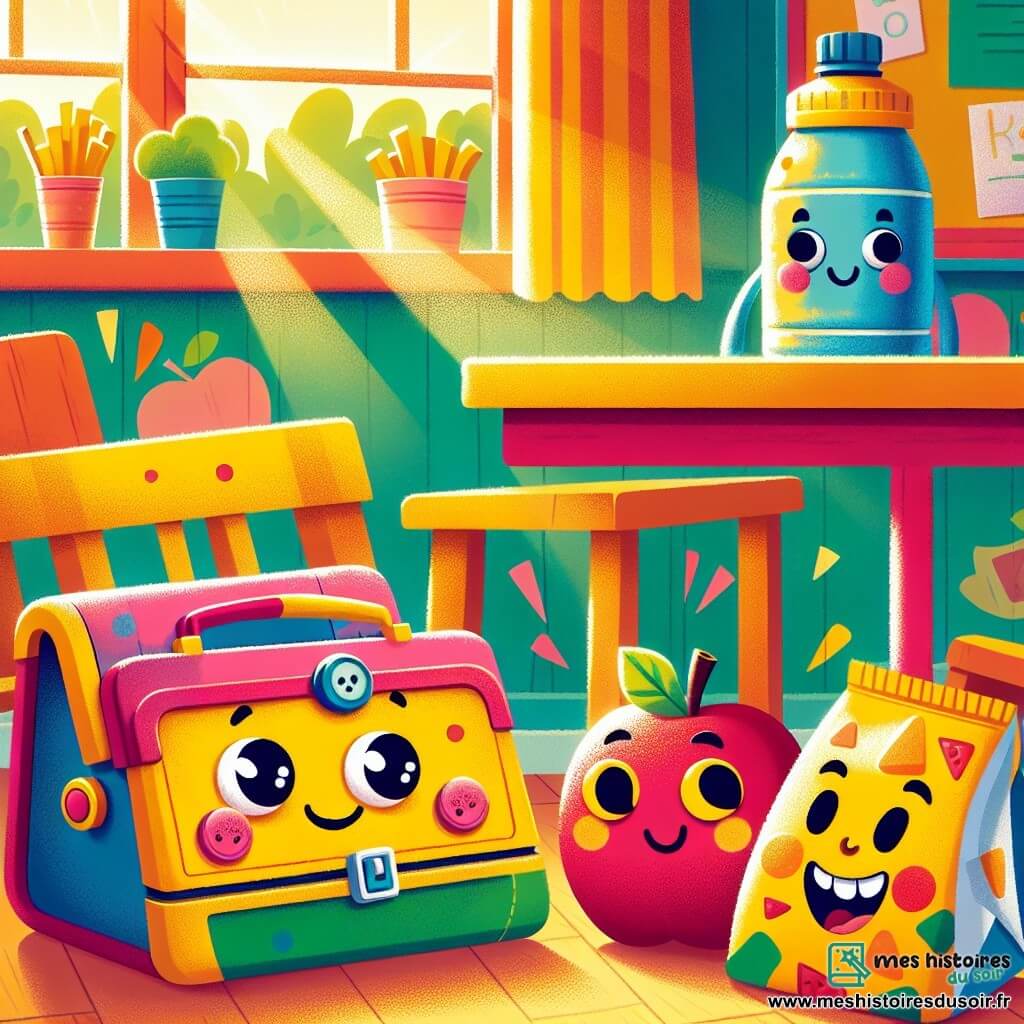 Benny, une boîte à goûter colorée avec des yeux en boutons et un grand sourire, est au centre de l'image, fouillant sous un bureau d'école en bois. À ses côtés, Gigi, une gourde aux couleurs vives avec un visage joyeux, observe avec enthousiasme, tandis que Chipi, un sachet de chips souriant, cherche des indices près de Benny. La scène se déroule dans une salle de classe lumineuse aux murs jaunes pastel, avec des dessins d'enfants et un grand bureau en bois. Des rayons de soleil illuminent la scène, créant une atmosphère chaleureuse. Benny et ses amis sont en pleine enquête pour retrouver une tartine à la confiture disparue, affichant curiosité et amitié.