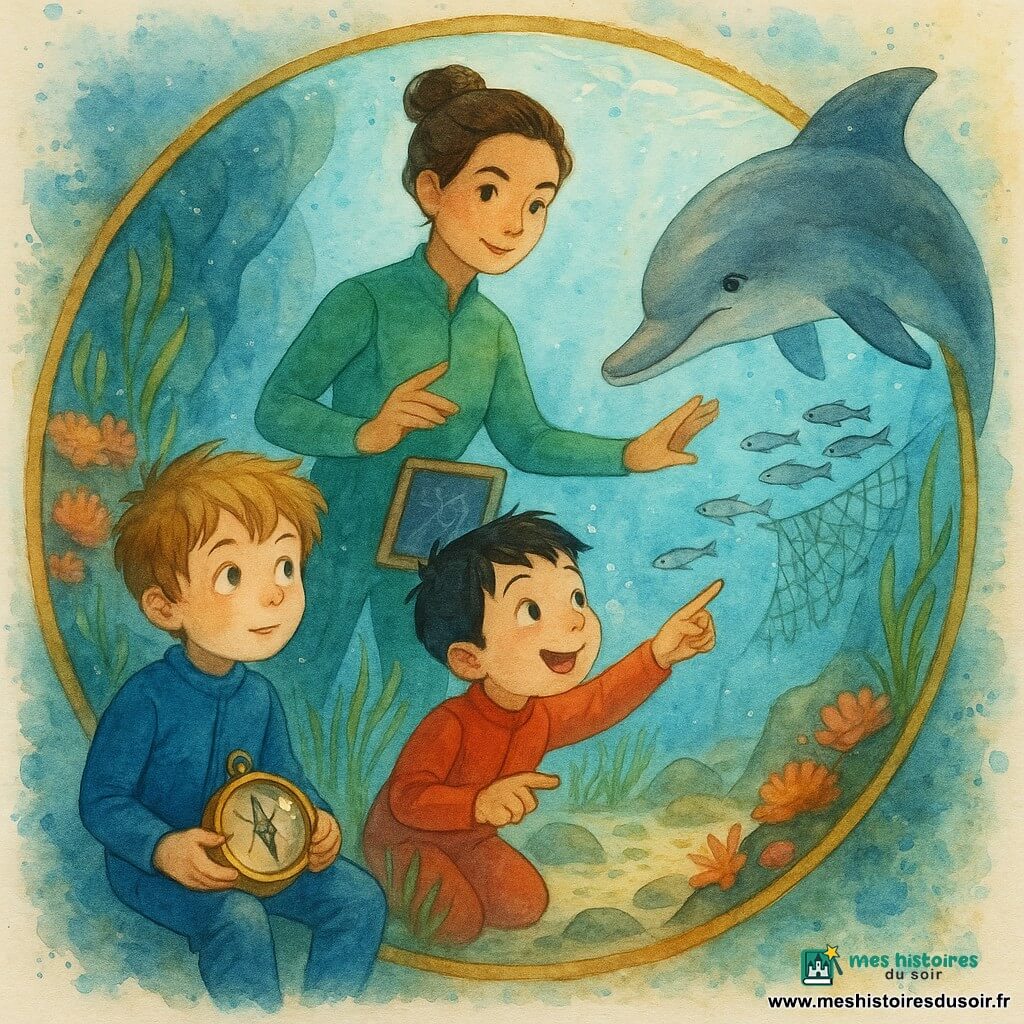 Trois personnages dans une bulle sous-marine ronde et transparente : Noé, 7 ans, cheveux châtain clair en bataille, yeux curieux, combinaison de plongée bleue, assis à gauche tenant une vieille boussole brillante sur les genoux et regardant la vitre émerveillé ; Léo, 7 ans, cheveux noirs courts, sourire espiègle, combinaison rouge, assis à droite collé à la vitre, pointant du doigt un banc de poissons et laissant apparaître son souffle contre le verre ; Maïa, 32 ans, peau bronzée, cheveux bruns en chignon, combinaison verte, au centre derrière les garçons, main sur un petit tableau et l'autre montrant du doigt un filet de pêche déchiré à l'extérieur, regard calme et rassurant. À l'extérieur : passage rocheux étroit, herbes marines longues, rochers couverts d’anémones roses et oranges, filet accroché à une roche et clairière de sable clair où nagent des poissons argentés. Scène d’observation d’un grand dauphin curieux pointant du rostre vers le filet cassé et la clairière ; ambiance tactile et colorée avec lumière dorée filtrée, éclairs bleus et verts, petites bulles et textures aquarelle suggérant le mouvement de l’eau.