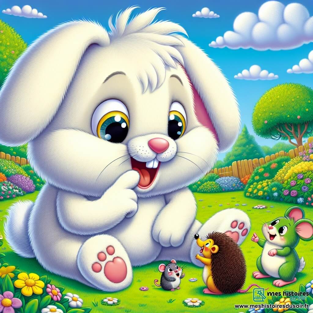 Flocon, un petit lapin au pelage blanc, est assis dans l'herbe verte du jardin, souriant malgré une légère fatigue. À ses côtés, Paillette, une souris grise pleine d'énergie, rit en racontant une blague. Plus loin, Pic, un hérisson inquiet, s'approche pour soutenir son ami. Sauteuse, une grenouille verte, saute joyeusement autour d'eux. Le jardin est coloré et ensoleillé, reflétant une atmosphère joyeuse où Flocon et ses amis jouent ensemble, illustrant l'importance de l'amitié.