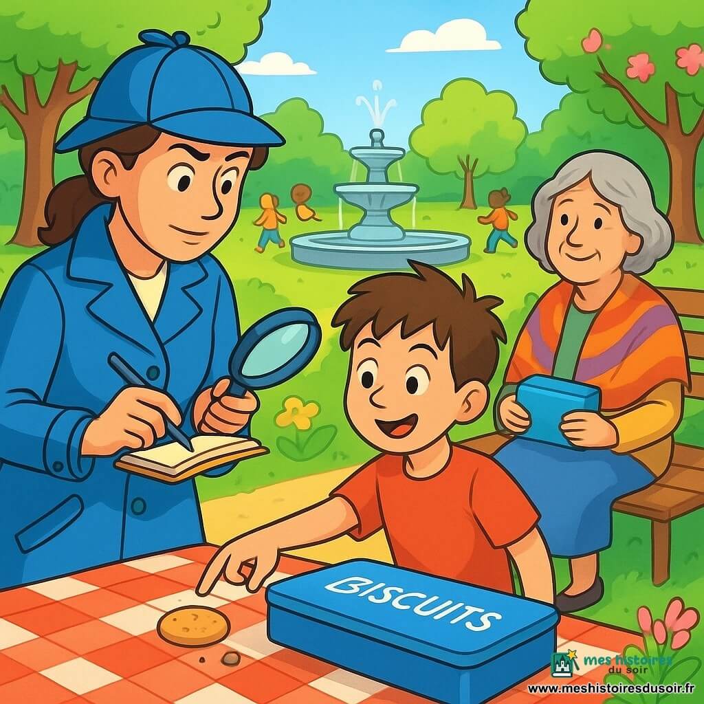 Une femme détective, Madame Laure, se tient près d'une table de pique-nique dans un parc ensoleillé. Elle porte un manteau bleu vif et un chapeau de détective, tenant un carnet ouvert. Son visage montre concentration et curiosité. À ses côtés, Tom, un garçon de huit ans avec des cheveux bruns et un t-shirt rouge, observe attentivement les indices sur la table, pointant une boîte de biscuits bleue avec excitation. En arrière-plan, Madame Lise, une dame âgée sur un banc, tient une boîte de biscuits sur ses genoux et sourit en regardant la scène. Le parc est verdoyant avec des arbres fleuris, une fontaine scintillante et des enfants jouant. Madame Laure examine des miettes sur la table, tandis que Tom et Madame Lise échangent des regards curieux, tous trois impliqués dans la résolution d'un mystère de biscuits disparus.