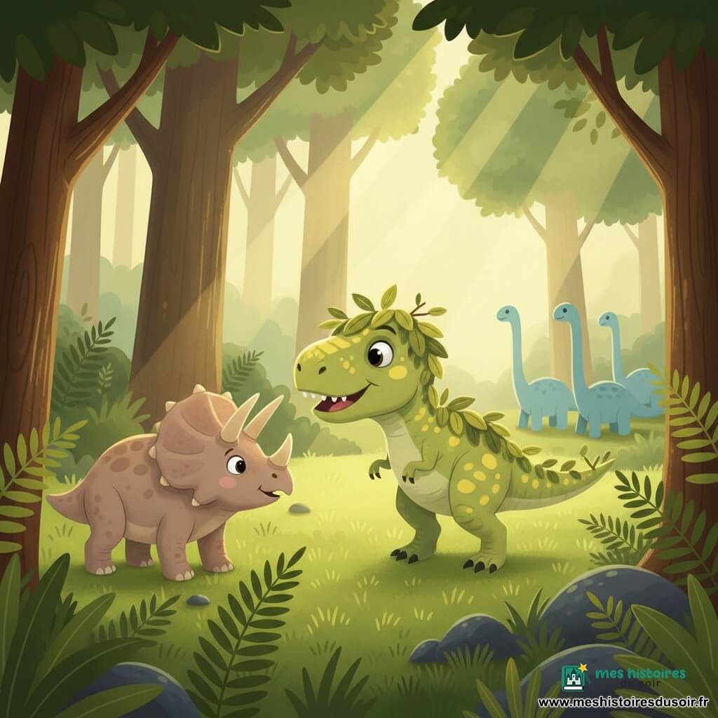 Jeune T-Rex souriant et curieux, peau vert clair tachetée de jaune, camouflé de feuilles et de branches, penché pour observer et imiter les herbivores ; à gauche un tricératops pastel au regard amical et surpris, à droite en arrière-plan un groupe de sauropodes bleu pâle broutant ; clairière forestière luxuriante, herbe verte, fougères et rayons de soleil filtrant à travers le feuillage.