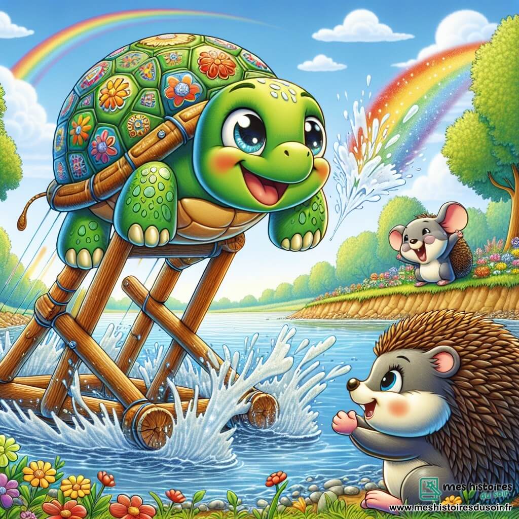 Illustration d'une tortue joyeuse et déterminée avec une carapace verte et des motifs colorés, prête à sauter d'une catapulte en branches et feuilles. À côté, un hérisson admiratif et une petite souris grise applaudissent. La scène se déroule au bord d'une rivière scintillante, entourée de fleurs et d'arbres, sous un ciel bleu avec des nuages. La tortue s'apprête à sauter par-dessus la rivière, avec un arc-en-ciel en arrière-plan, symbolisant l'espoir et la magie. L'atmosphère est pleine d'énergie et d'amitié, illustrant un défi impossible.