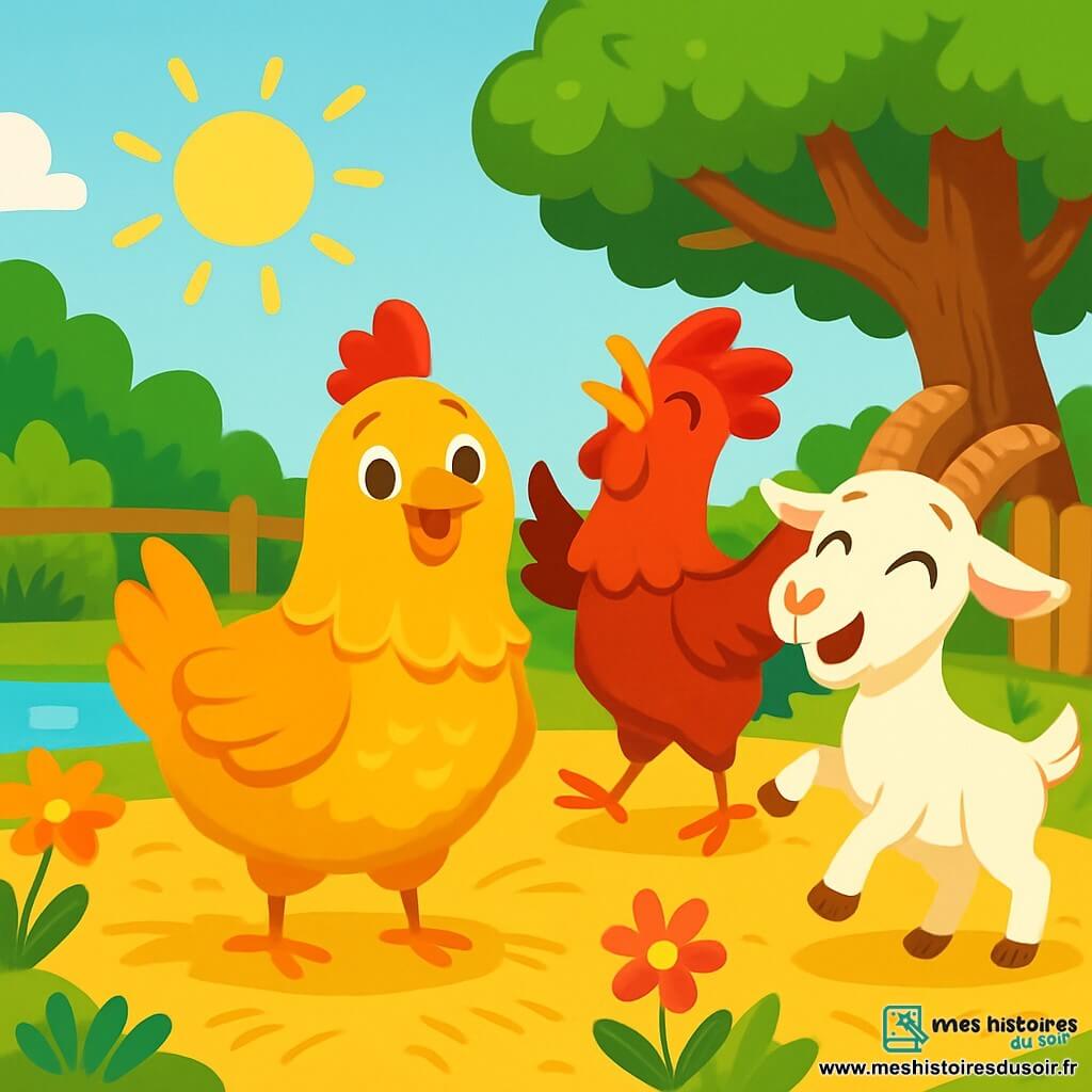 Pluminette, une poule aux plumes dorées, se tient fièrement au centre de la scène avec un sourire chaleureux. À ses côtés, Coco le coq chante joyeusement, tandis que Margotte la chèvre danse autour d'eux. Le décor est une cour ensoleillée entourée d'arbres et de fleurs, avec un vieux chêne offrant de l'ombre et une petite mare scintillante. La scène montre Pluminette et ses amis célébrant ensemble après avoir construit un abri pour se protéger de la pluie, illustrant l'amitié et la solidarité entre les animaux.