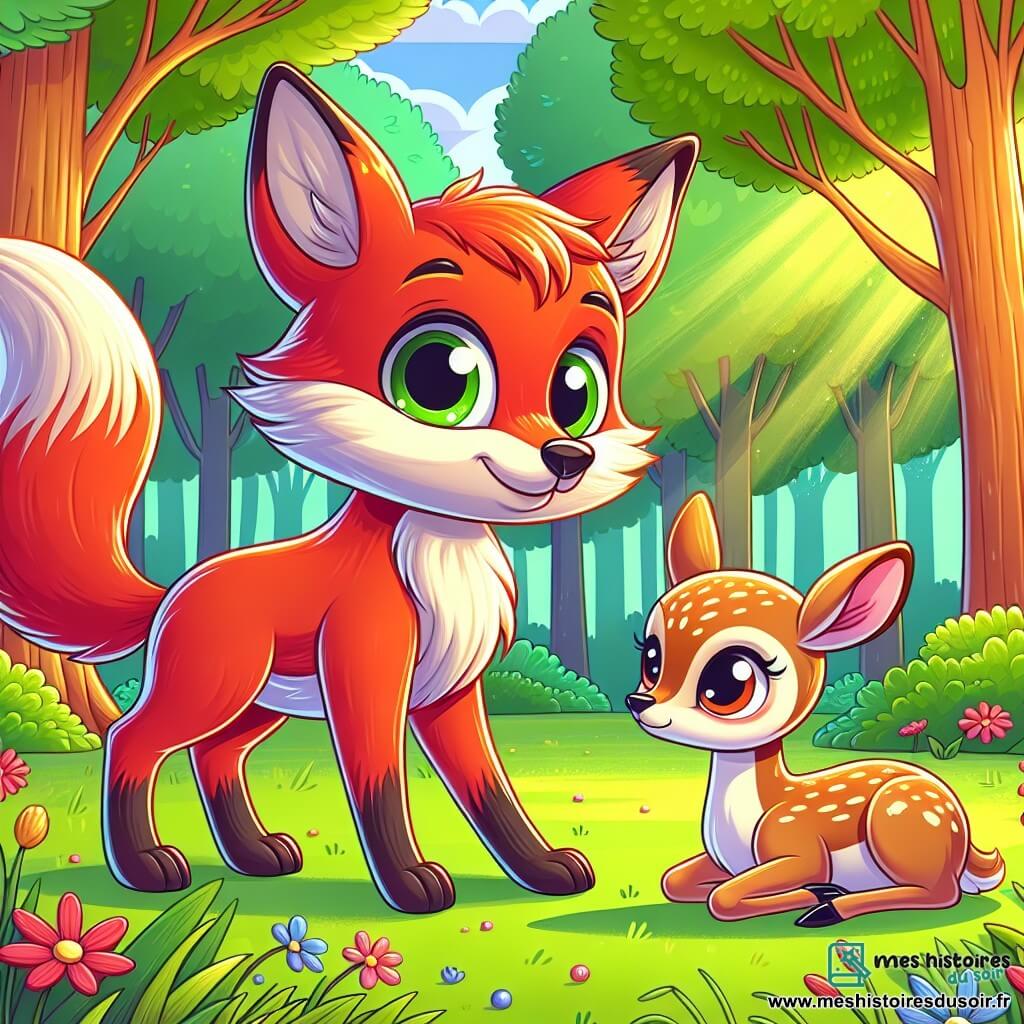 Un jeune renard aux poils roux éclatants, avec de grands yeux curieux et un sourire chaleureux, se tient au centre de la clairière, regardant une petite biche au pelage doux et brun clair, assise sur l'herbe verte, semblant hésitante. Autour d'eux, de grands arbres aux feuilles vertes forment un cadre accueillant, tandis que des fleurs colorées parsèment le sol. La lumière du soleil filtre à travers les branches, créant des ombres dansantes. La scène montre le renard s'approchant de la biche, tendant une patte amicale vers elle, prêt à l'inviter à jouer et à lui offrir du soutien.
