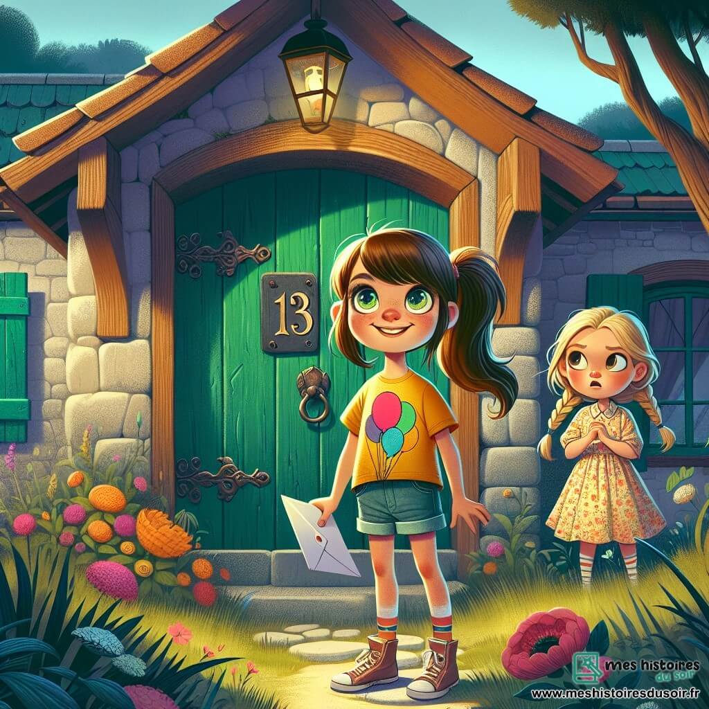 Au centre de l'image, une fille de 10 ans, Marie, se tient devant une vieille maison mystérieuse. Elle a de longs cheveux bruns en queue de cheval, des yeux curieux et un sourire déterminé, portant un t-shirt jaune et un short en jean, tenant une lettre prête à frapper à la porte. À côté, sa meilleure amie Chloé, également âgée de 10 ans, a les cheveux blonds en tresses et un visage inquiet, vêtue d'une robe à fleurs, regardant la maison avec peur et excitation. La scène se déroule devant la maison au numéro 13, entourée d'un jardin sauvage et coloré. Marie, courageuse, s'apprête à frapper à la porte pour récupérer son ballon perdu, tandis que Chloé lui murmure des encouragements et des mises en garde, créant une tension palpable.