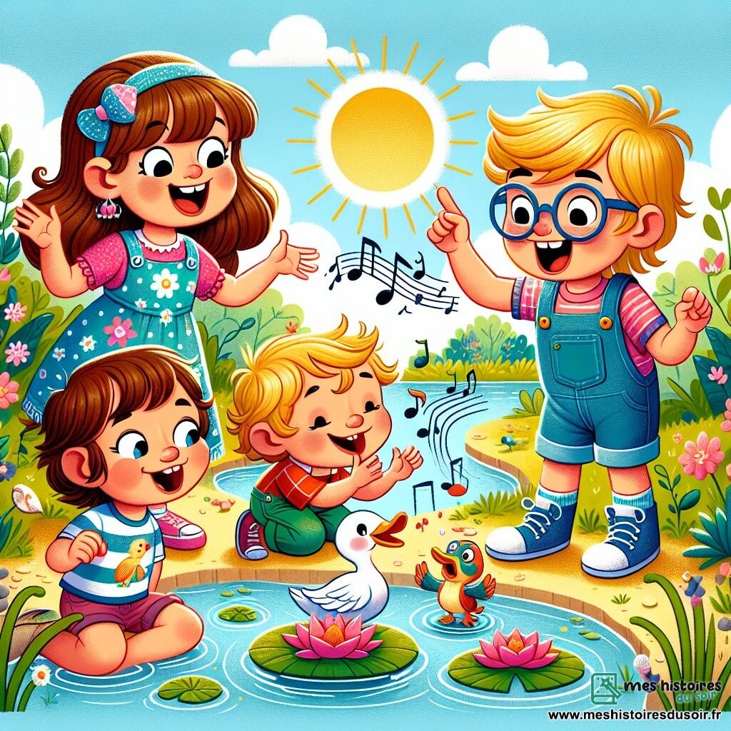 Quatre personnages principaux se trouvent au bord d'une mare ensoleillée : Lila, une fille de 8 ans aux longs cheveux bruns en robe rose à pois blancs, danse joyeusement ; Max, un garçon de 9 ans aux cheveux blonds en bataille, rit en pointant un canard ; Ben, un garçon de 8 ans en fauteuil roulant avec des lunettes et un t-shirt rouge, applaudit ; et Mia, une fille de 7 ans avec des couettes blondes en salopette en jean, fait des grimaces. Les enfants s'amusent autour d'un canard chanteur sur un nénuphar, tandis qu'une grenouille en robe à fleurs ajoute de la magie à cette scène joyeuse.