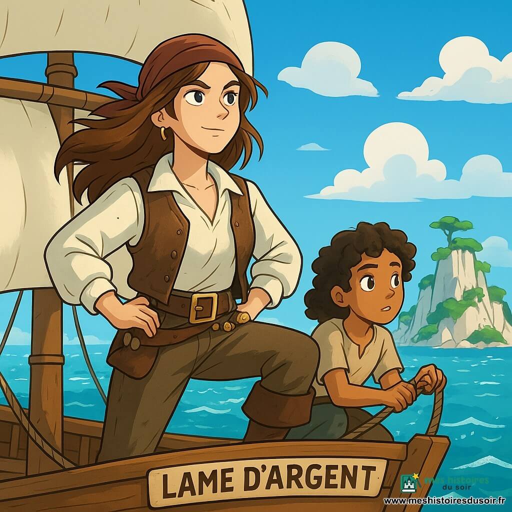 Une femme pirate, Capitaine Maris, se tient fièrement à la proue de son navire, la Lame d'Argent. Ses cheveux châtains brillent au soleil, et son regard déterminé exprime une curiosité pétillante. Elle porte une chemise blanche, un gilet en cuir usé, et un pantalon de toile, avec une ceinture ornée de trésors. À ses côtés, Mira, une jeune gabier de 12 ans, observe l'horizon avec excitation et inquiétude, prête à aider. En arrière-plan, le ciel bleu est parsemé de nuages, et la mer scintille sous le soleil, avec l'île des Dents de Corail à l'horizon. Capitaine Maris scrute l'horizon, déterminée à découvrir un trésor caché, tandis que l'équipage s'affaire autour d'elle, plein d'énergie.
