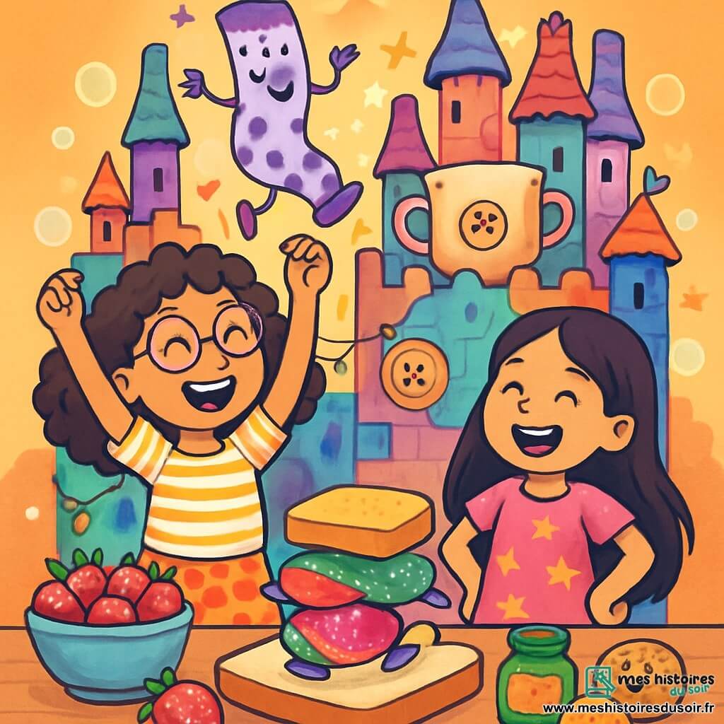 Il y a trois personnages : Zoé, une fille de 8 ans avec des cheveux bouclés et des lunettes rondes, qui porte un t-shirt à rayures et une jupe à pois, se tient debout avec les bras levés et un grand sourire, tenant une chaussette gigotante au-dessus de sa tête. Lina, également âgée de 8 ans, a des cheveux lisses et longs, porte une robe rose avec des étoiles, et se tient à côté de Zoé, riant aux éclats avec les mains sur les hanches. La chaussette, à pois violets avec des bras et des jambes, danse joyeusement sur la tête de Zoé. L'action se déroule dans un château fantastique fait de chaussettes dépareillées et de tasses ébréchées, avec des murs colorés et des bulles de savon flottantes, créant une ambiance magique. Zoé et Lina préparent un sandwich absurde sur une grande table remplie d'ingrédients loufoques, tandis que la chaussette danse et chante au-dessus d'elles, ajoutant une touche de folie à cette scène joyeuse.
