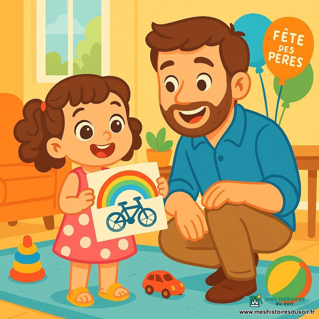 Une petite fille de 4 ans, nommée Lily, avec de grands yeux pétillants et des cheveux bruns bouclés, sourit en tenant un dessin coloré d'un arc-en-ciel et d'un vélo. Elle porte une robe rose à pois blancs et des sandales jaunes, dans le salon de sa maison. Son papa, un homme d'environ 30 ans, regarde le dessin avec émerveillement. Il est accroupi pour être à sa hauteur, affichant un sourire chaleureux. Le salon est lumineux, avec des murs jaunes pastel, des jouets sur le tapis et une grande fenêtre laissant entrer la lumière. Une table en bois est décorée de ballons pour la Fête des Pères. Ils partagent un moment tendre, entourés de l'ambiance festive de la journée.