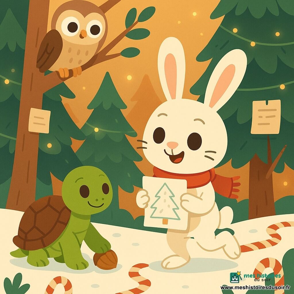Un petit lapin blanc aux grandes oreilles roses, yeux noisette et sourire malicieux, vêtu d'une écharpe rouge, tient contre sa poitrine un dessin replié, curieux et joyeux, sautillant; à sa gauche, une tortue verte à carapace brune tachetée, au visage doux et souriant, pose une patte sur une noisette en regardant le dessin; au-dessus, une chouette ronde beige aux grands yeux brillants est perchée sur une branche, attentive et inclinée vers le groupe. Des sucres d'orge rayés rouge et blanc forment un sentier scintillant sur la neige poudreuse, quelques parchemins sont accrochés aux branches basses; la clairière boisée en hiver, dominée par des sapins foncés décorés de guirlandes et éclairée d'une lumière dorée du soir avec de petites lucioles, dégage une atmosphère chaleureuse et colorée. La scène centrée montre le lapin rapportant son dessin au tronc tandis que ses amis l'entourent et l'admirent, avec des couleurs vives, lignes nettes et formes simples et contrastées.